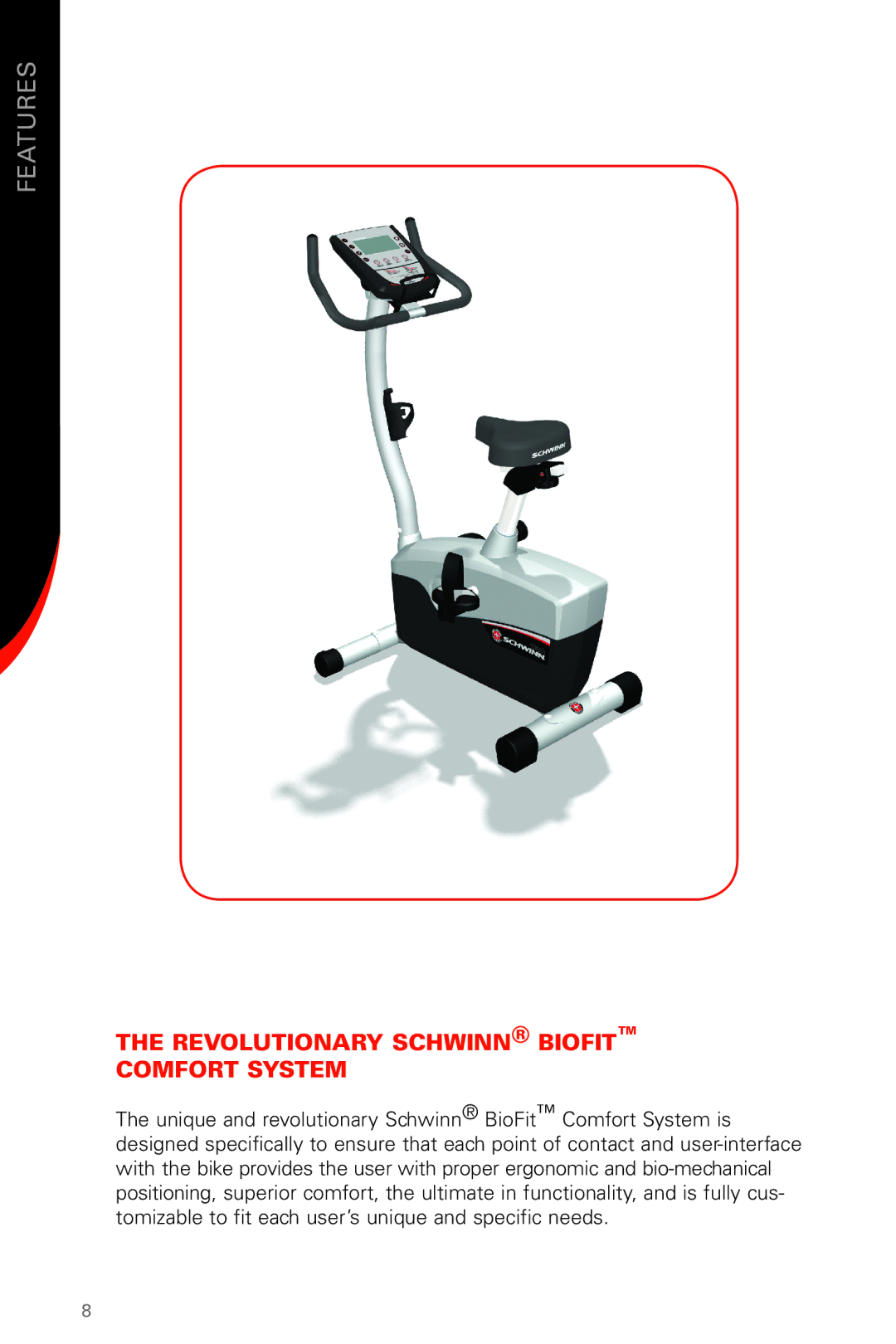 Schwinn 130/230 manual Features, Revolutionary Schwinn Biofit Comfort System 