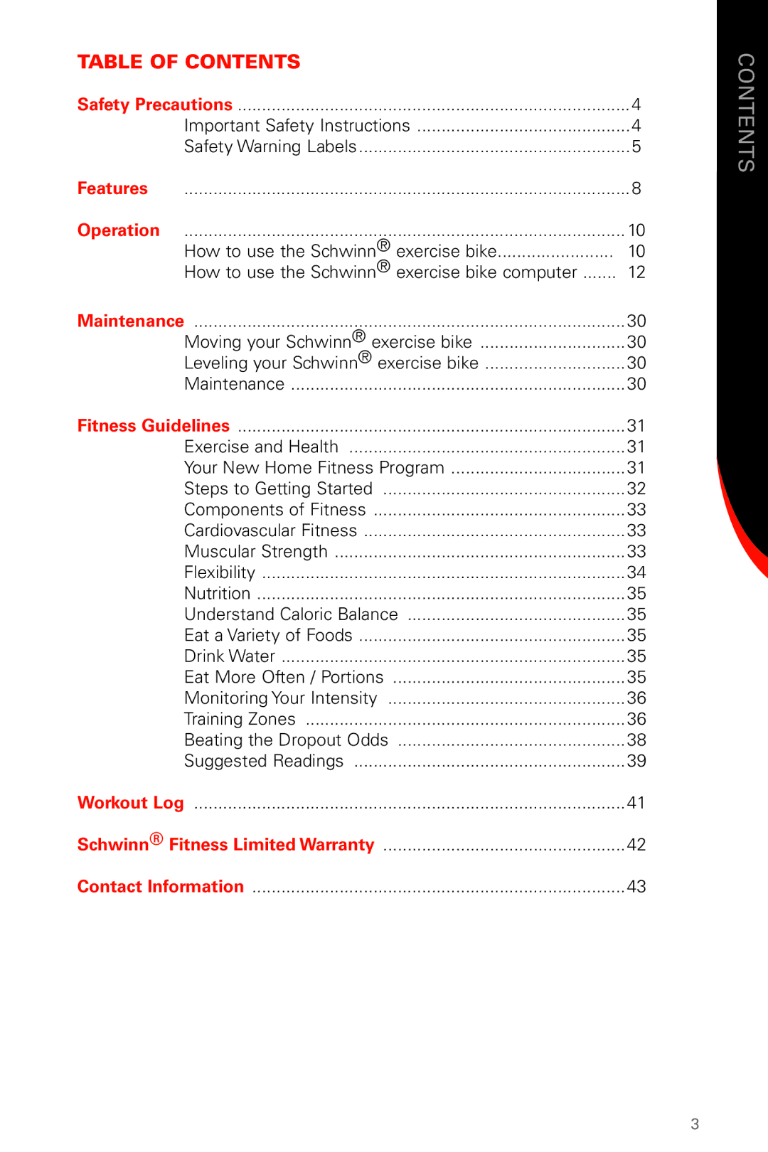 Schwinn 131 Upright manual Table of Contents 