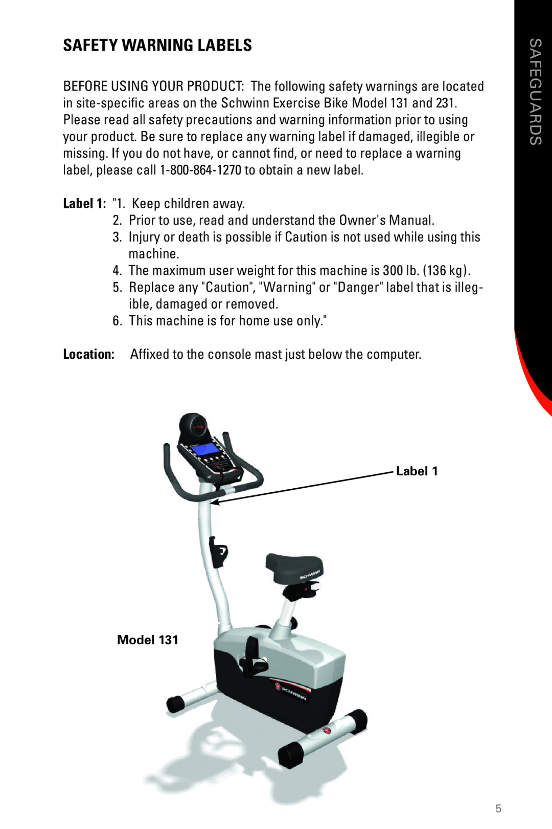 Schwinn 131 Upright manual Safety Warning Labels 