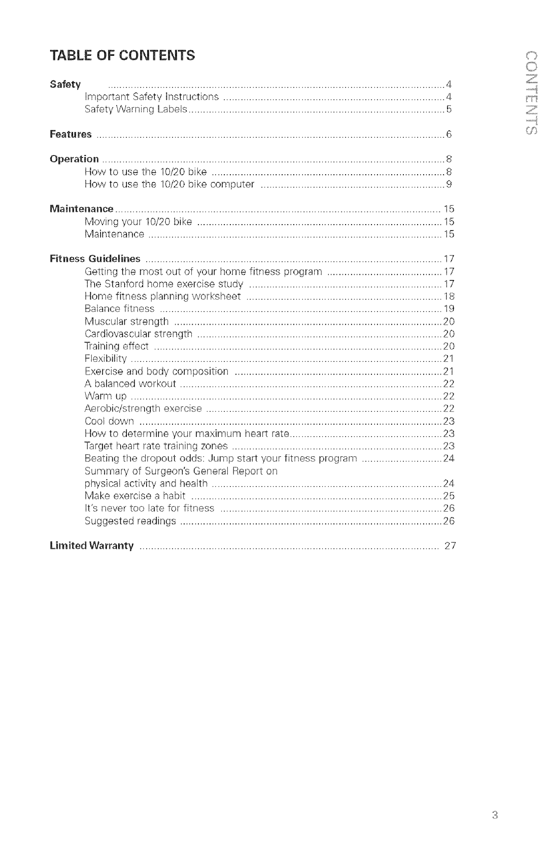 Schwinn 10, 20 manual Table of Contents 