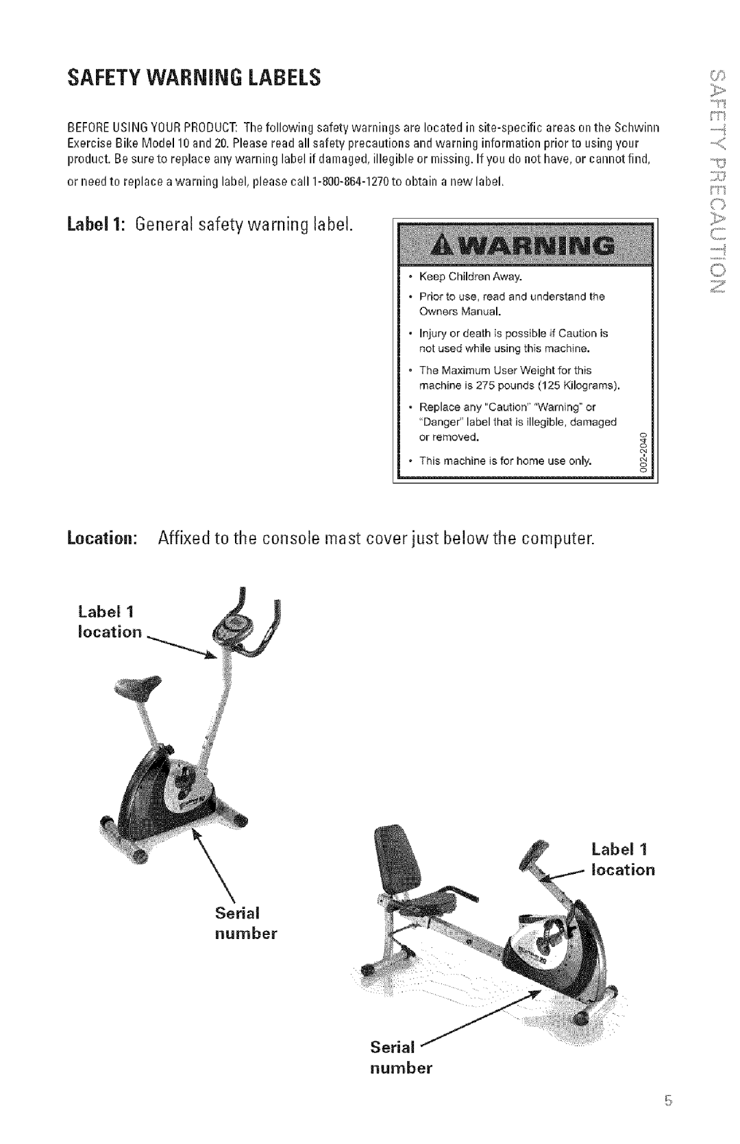 Schwinn 10, 20 manual Safety Warning Labels 