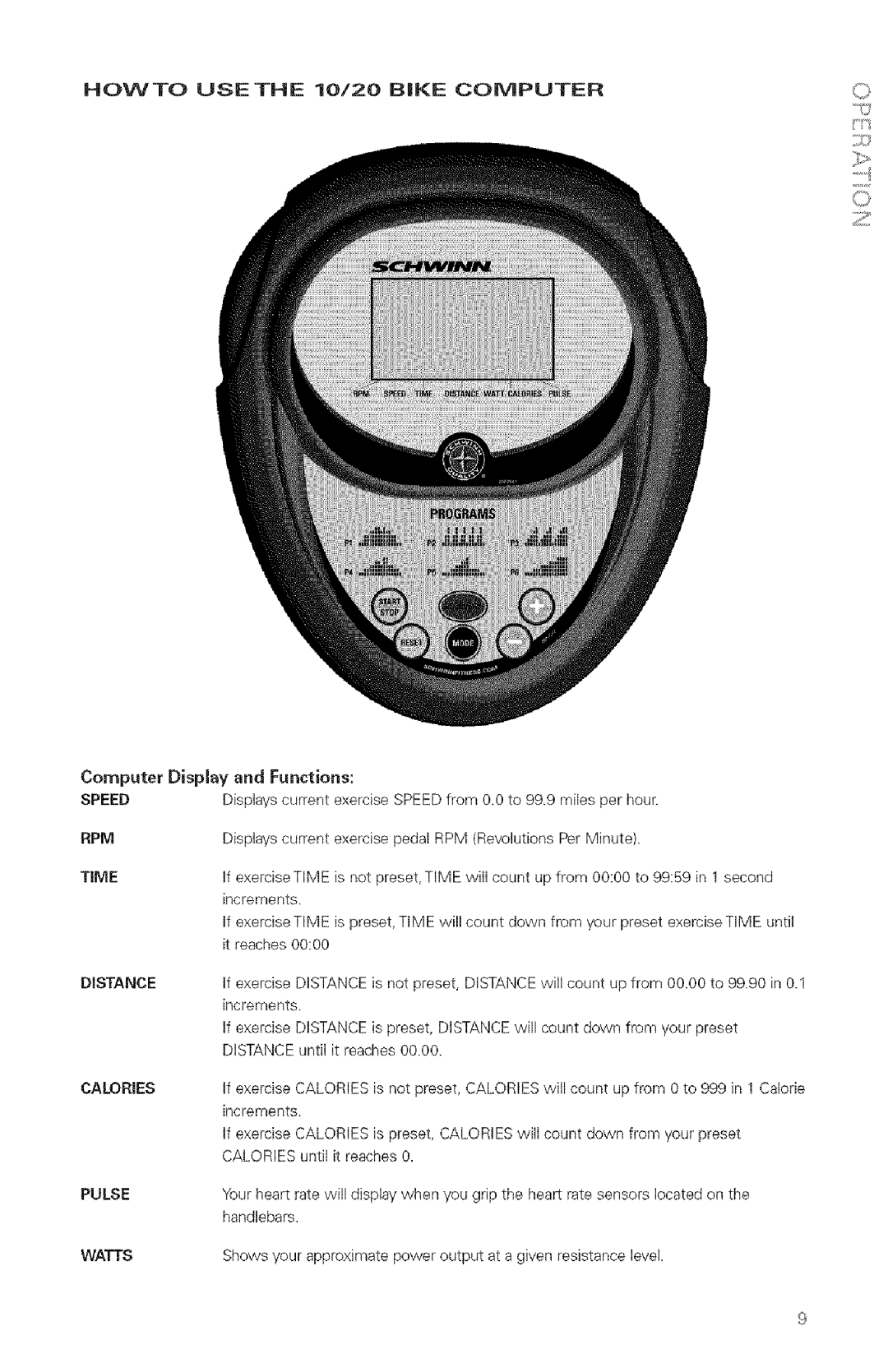 Schwinn manual Howto USE the 10/20 Bike Computer 