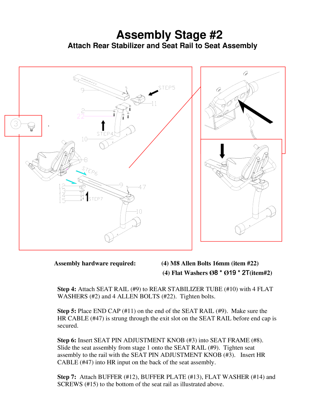 Schwinn 202 manual Assembly Stage #2, Attach Rear Stabilizer and Seat Rail to Seat Assembly 