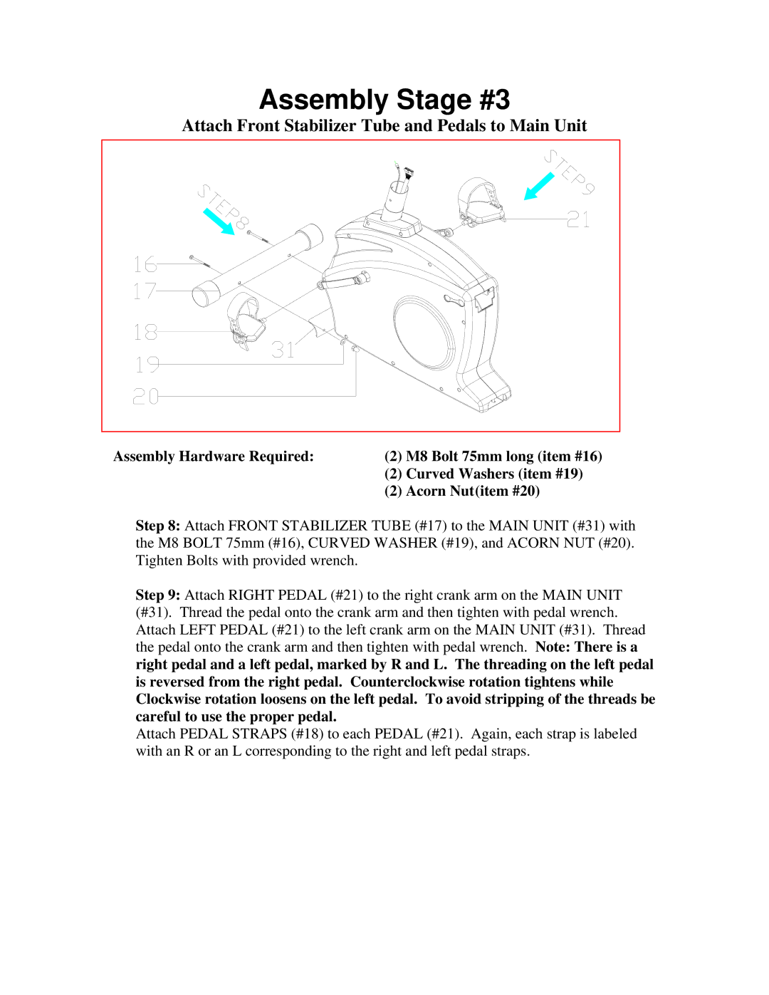 Schwinn 202 manual Assembly Stage #3, Attach Front Stabilizer Tube and Pedals to Main Unit 