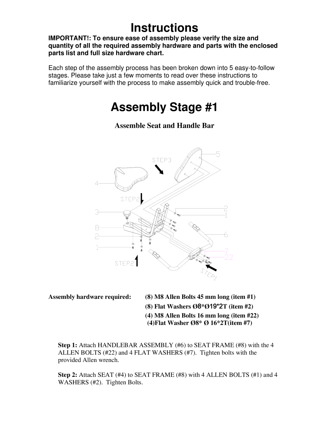 Schwinn 202 manual Instructions, Assembly Stage #1, Assemble Seat and Handle Bar 