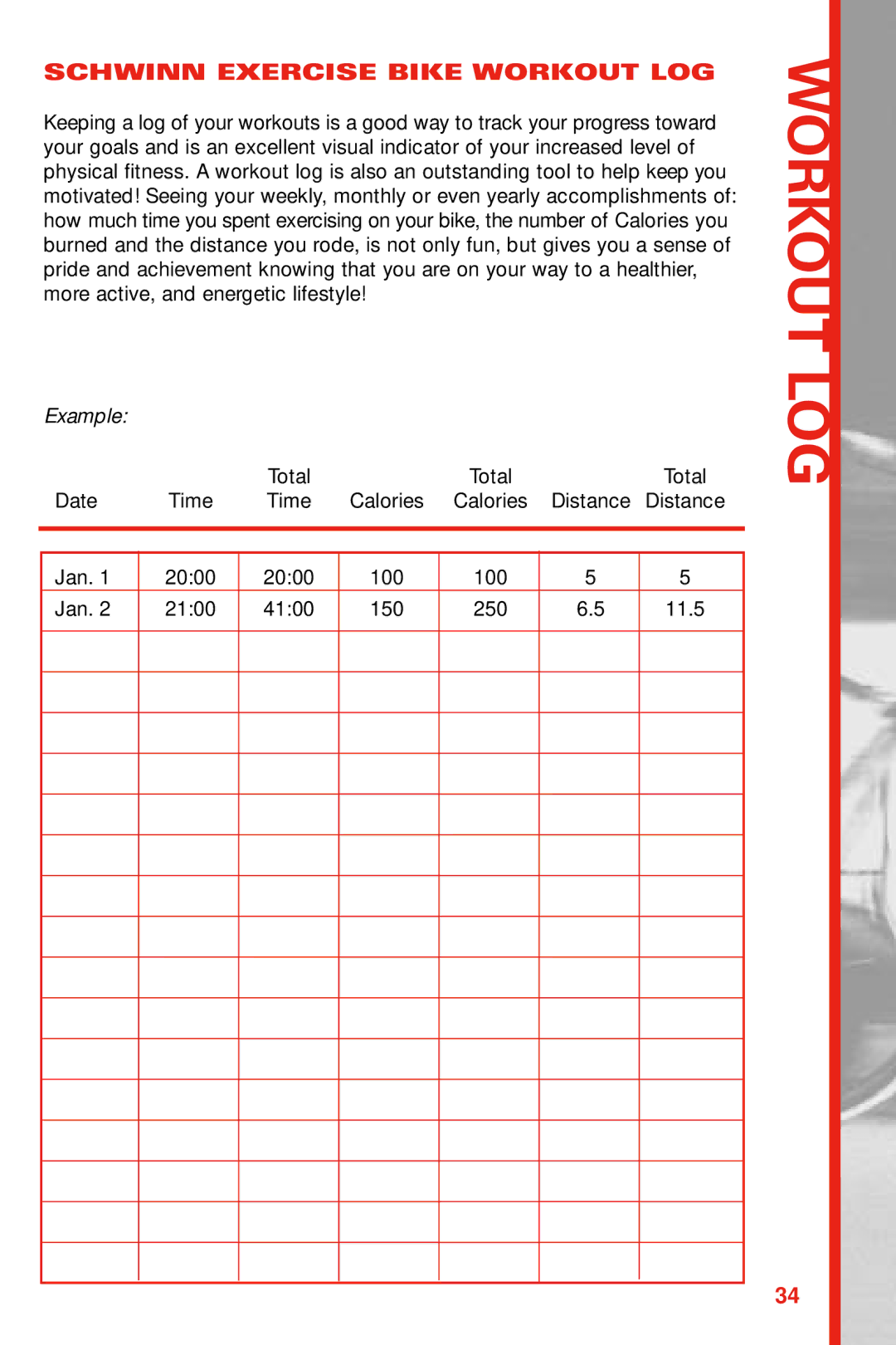 Schwinn 112, 212 manual Schwinn Exercise Bike Workout LOG 