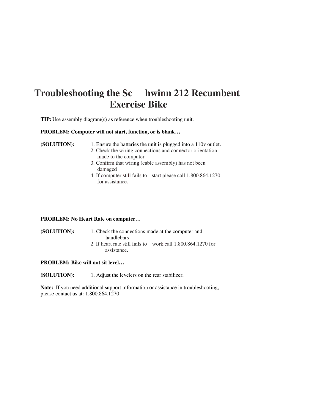 Schwinn manual Troubleshooting the Schwinn 212 Recumbent Exercise Bike 