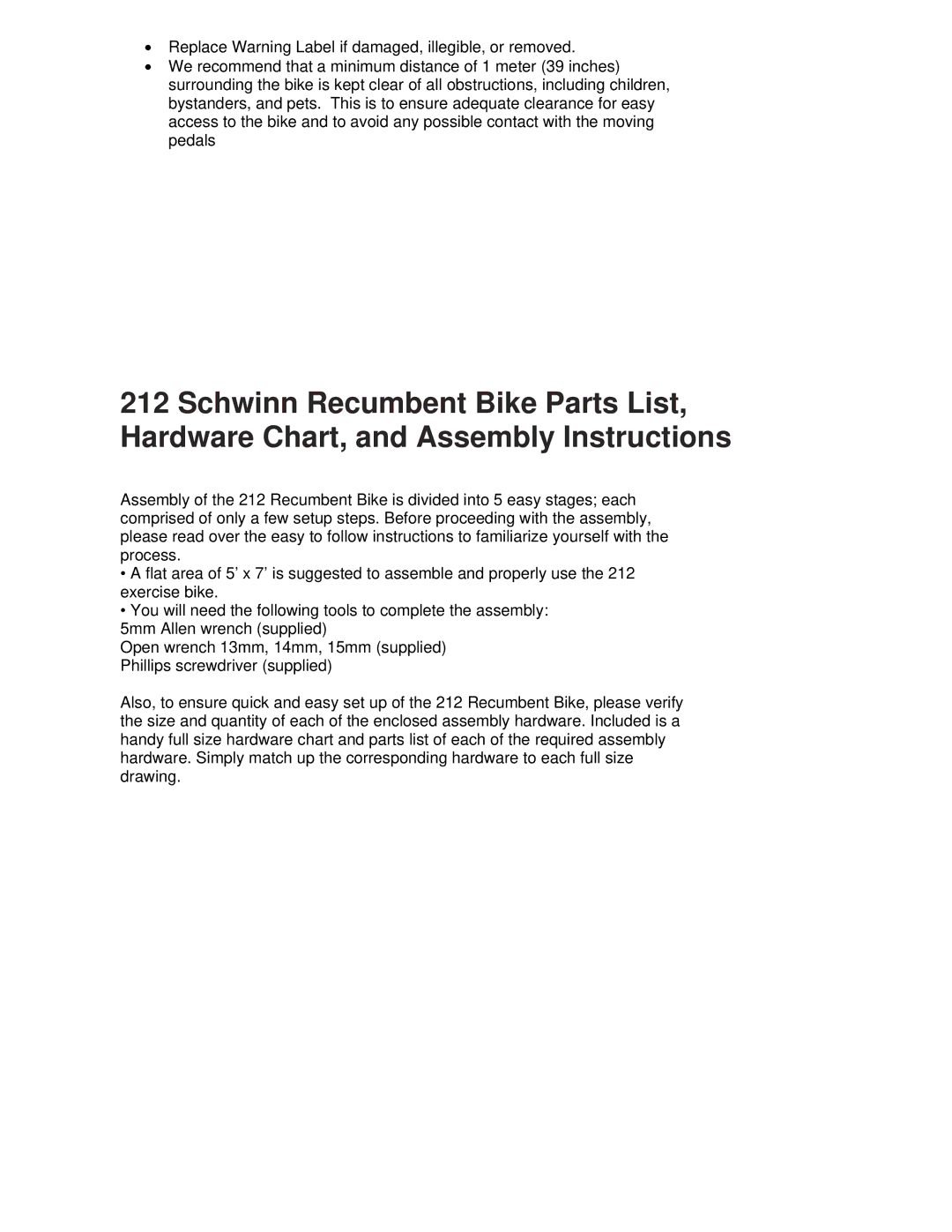 Schwinn 212 manual 