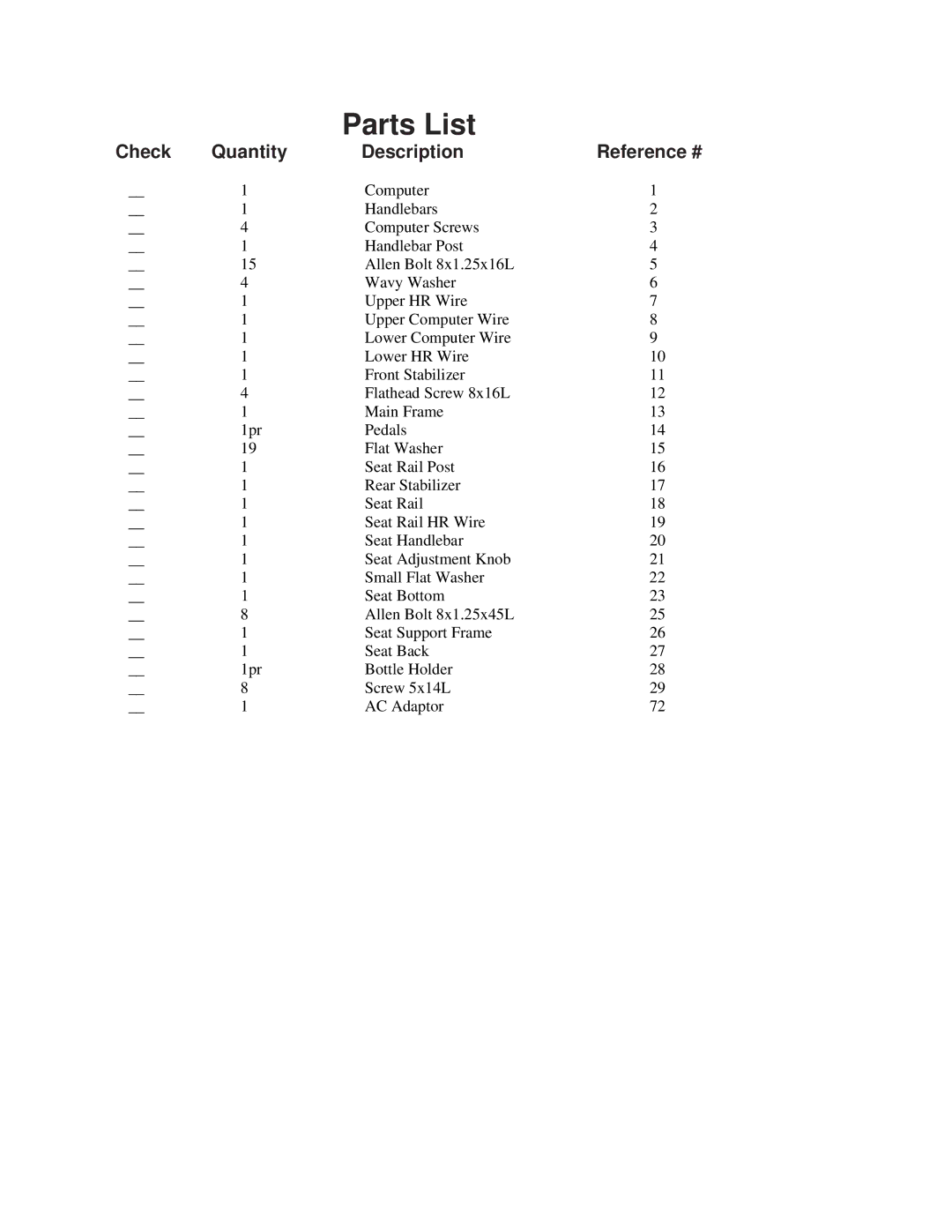 Schwinn 212 manual Parts List, Quantity Description Reference # 