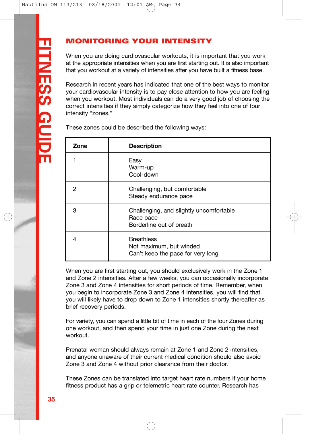 Schwinn 213, 113 manual Zone Description 