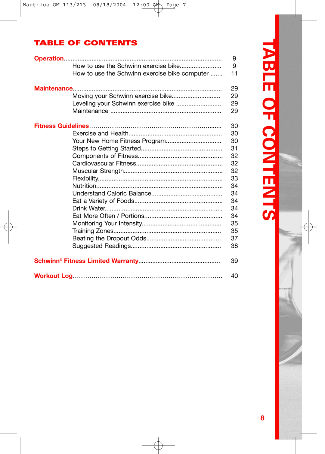 Schwinn 113, 213 manual Table of Contents 