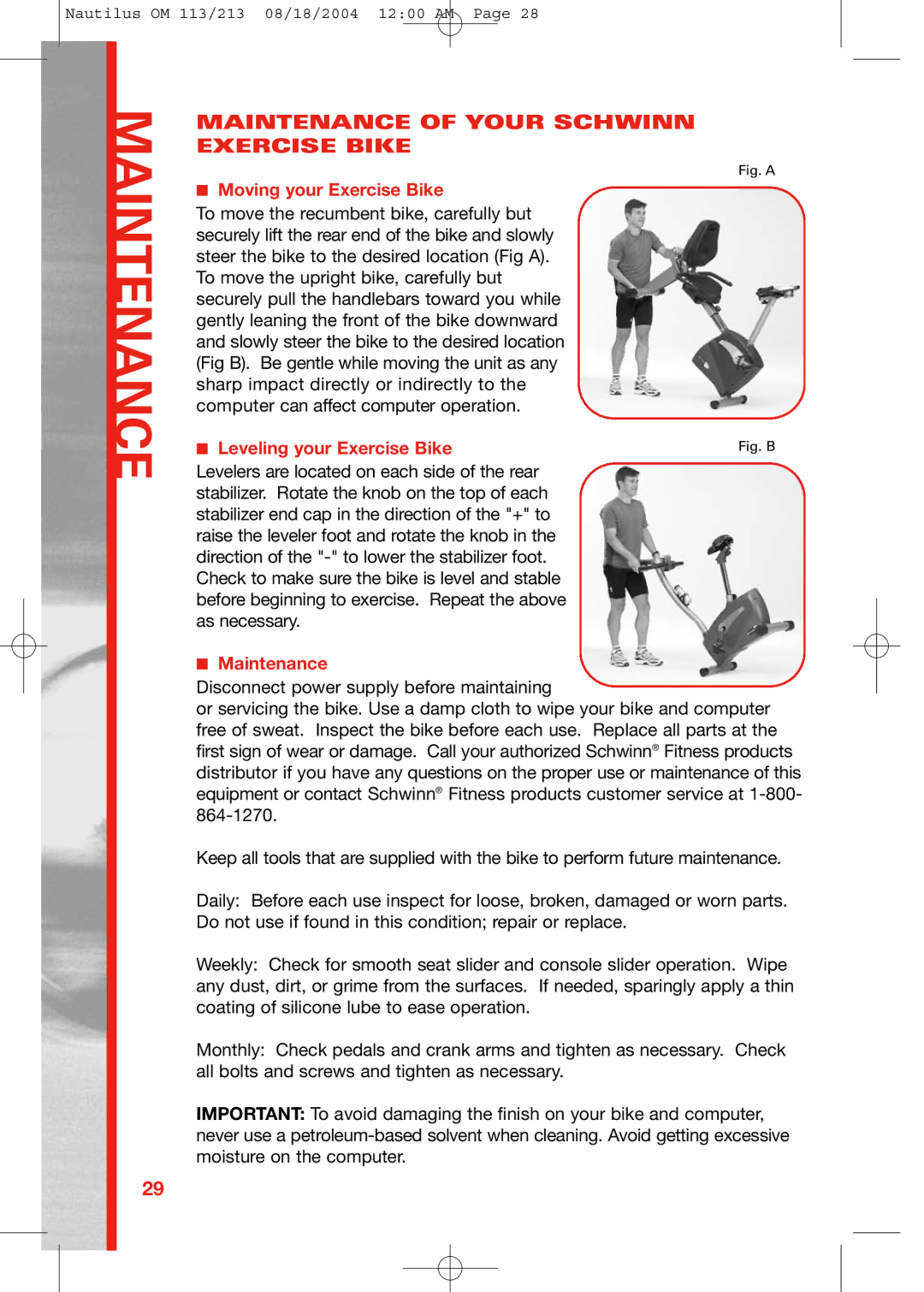 Schwinn 213, 113 manual Leveling your Exercise Bike, Maintenance 