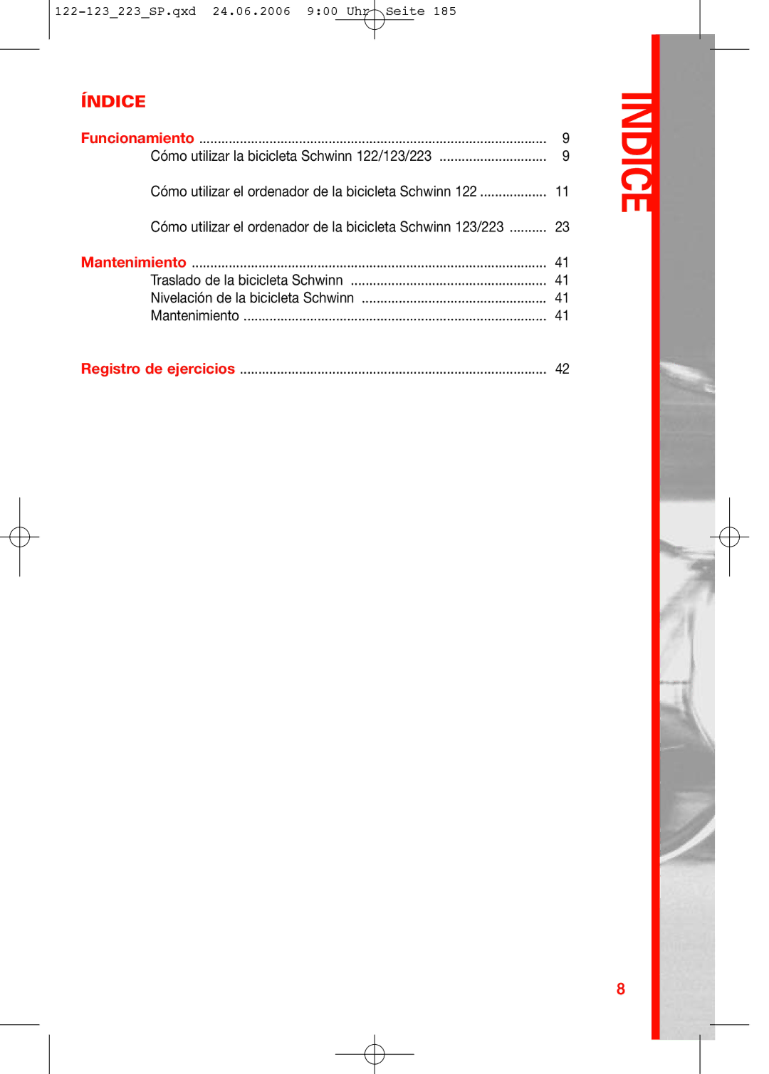 Schwinn 122, 223, 123 manual Índice 