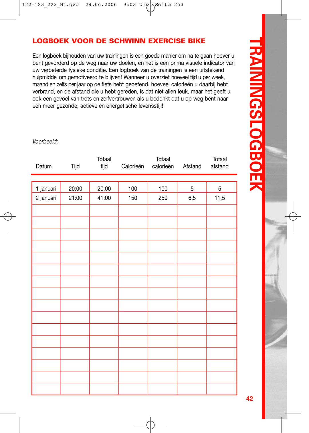 Schwinn 122, 223, 123 manual Trainingslogboek 