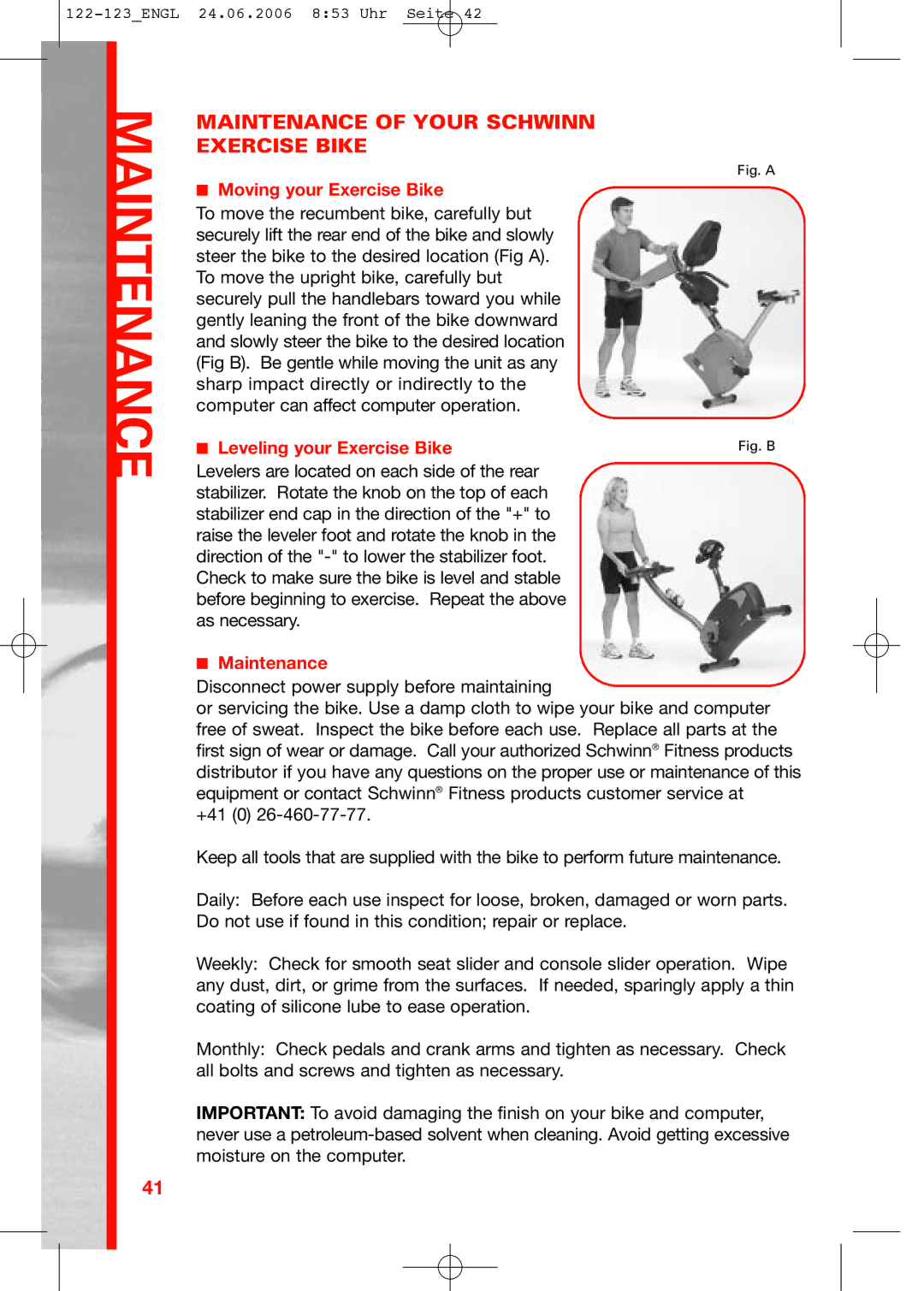 Schwinn 223, 123, 122 manual Leveling your Exercise Bike, Maintenance 