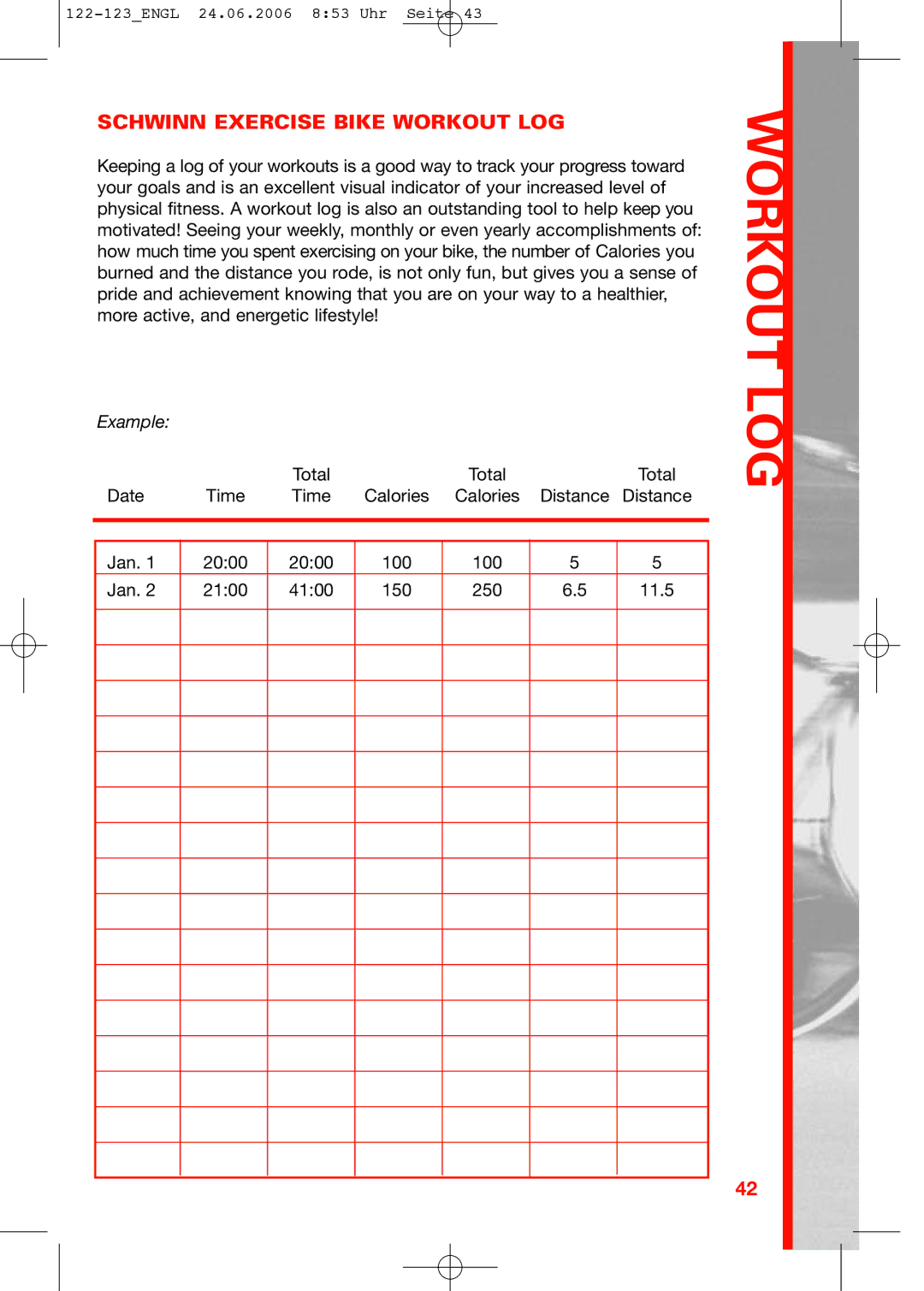 Schwinn 123, 223, 122 manual Schwinn Exercise Bike Workout LOG 