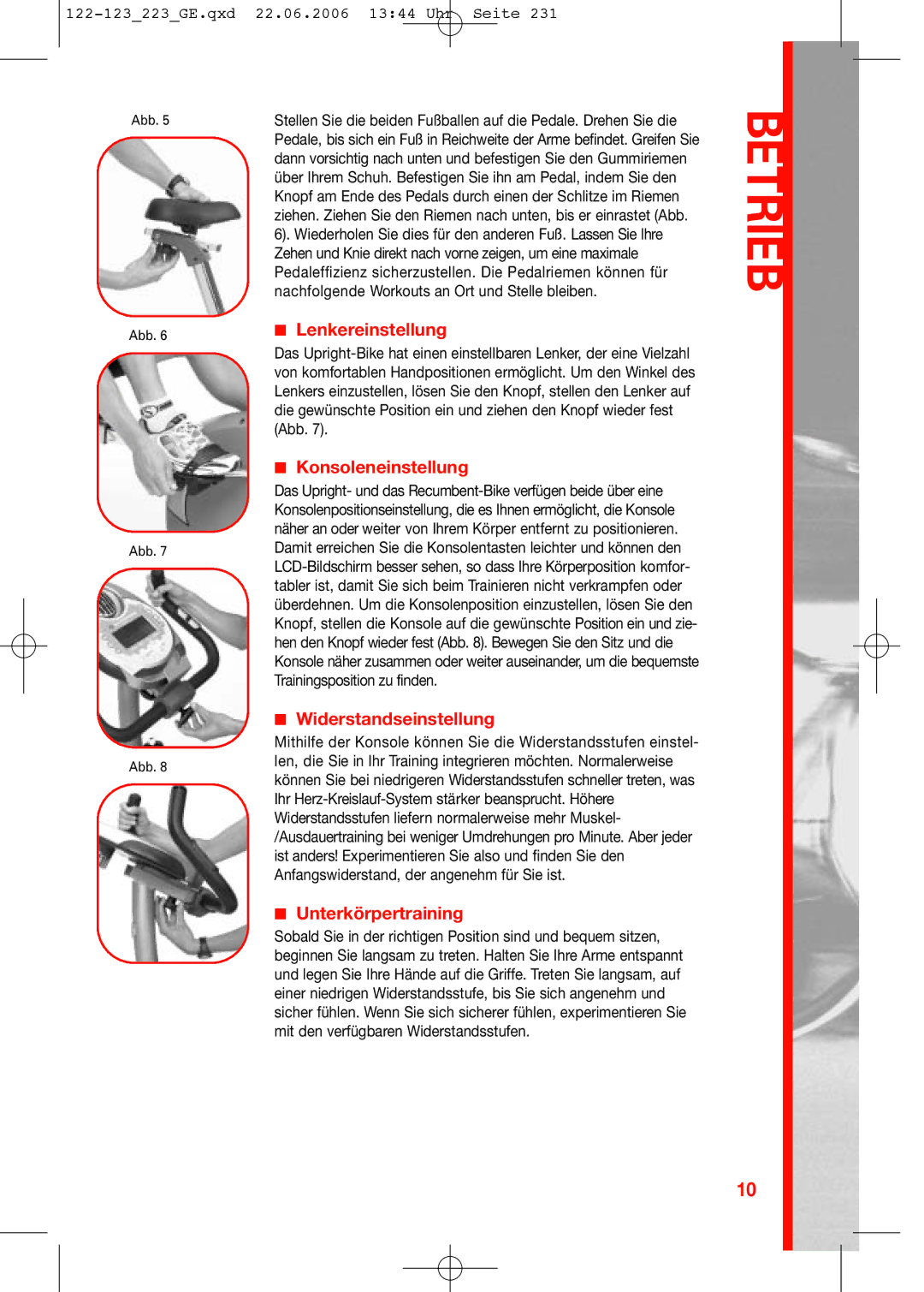 Schwinn 123, 223, 122 manual Lenkereinstellung, Konsoleneinstellung, Widerstandseinstellung, Unterkörpertraining 