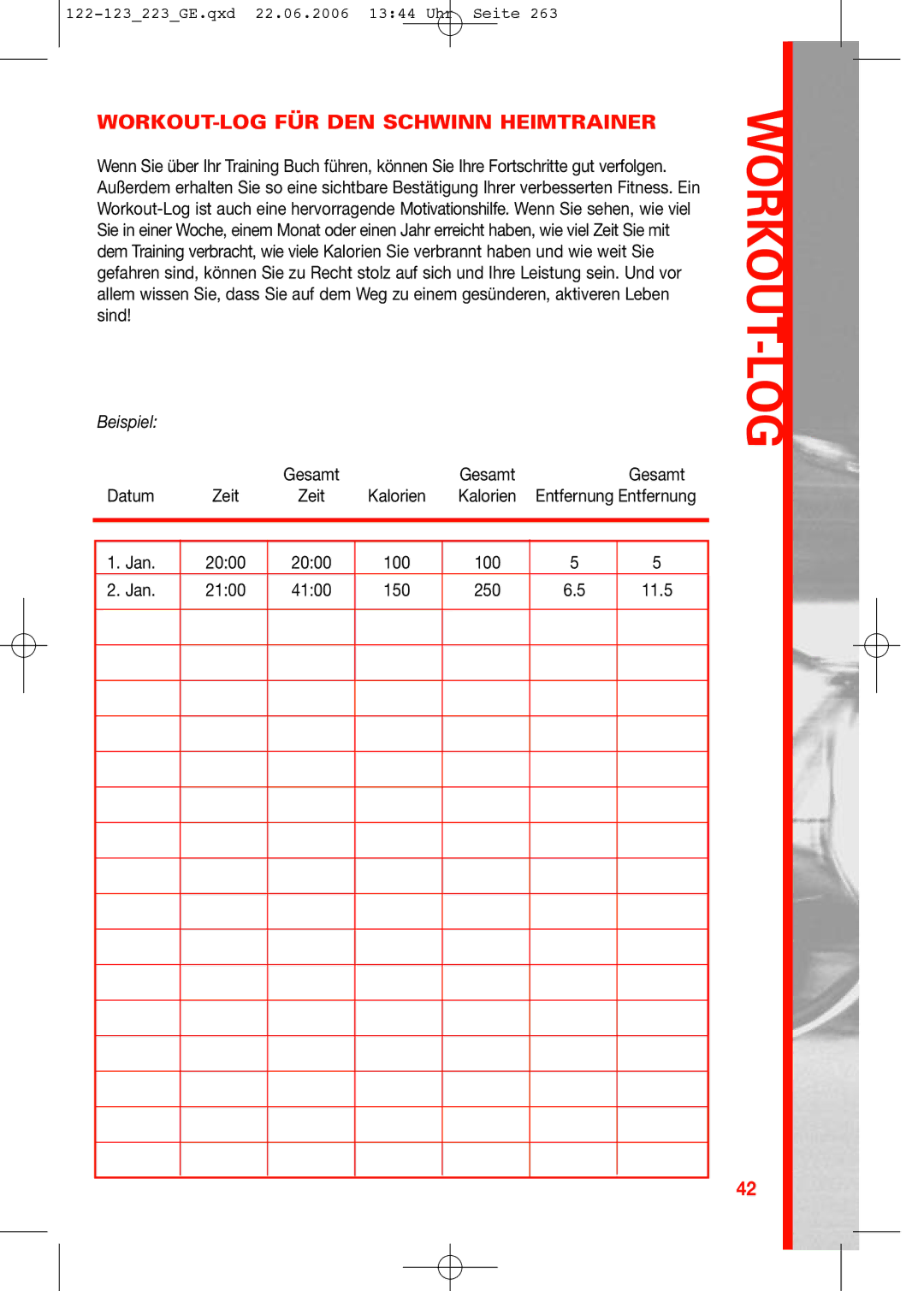 Schwinn 223, 123, 122 manual Workout-Log, WORKOUT-LOG FÜR DEN Schwinn Heimtrainer 