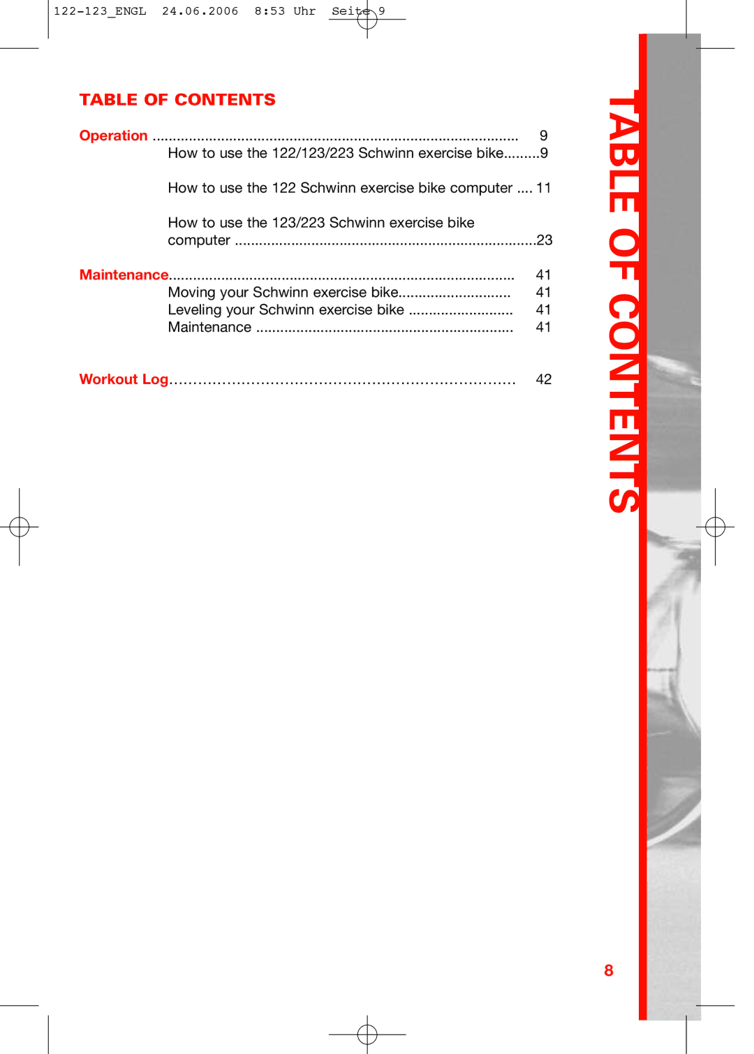 Schwinn 223, 123, 122 manual Table of Contents 