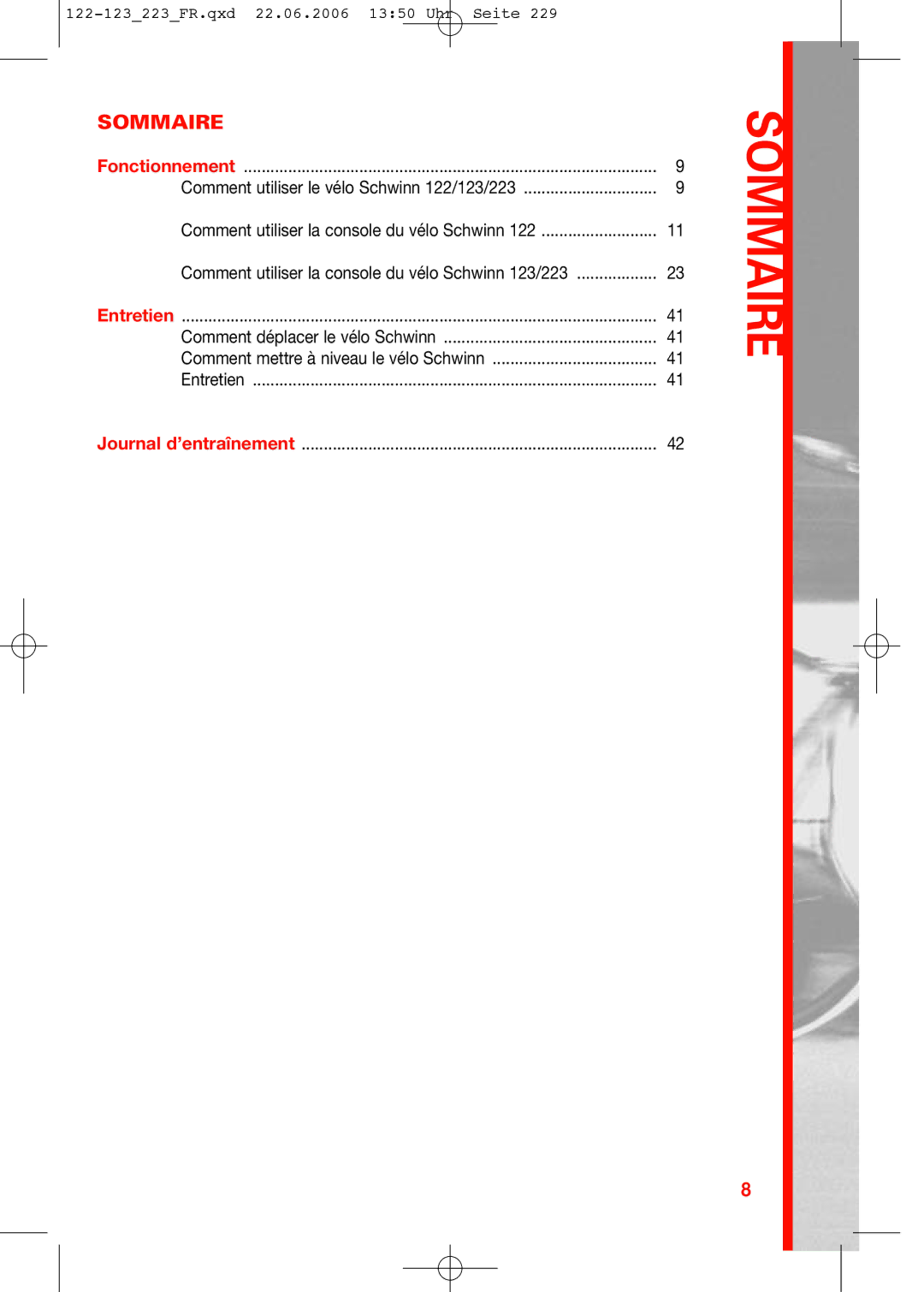 Schwinn 123, 223, 122 manual Sommaire 