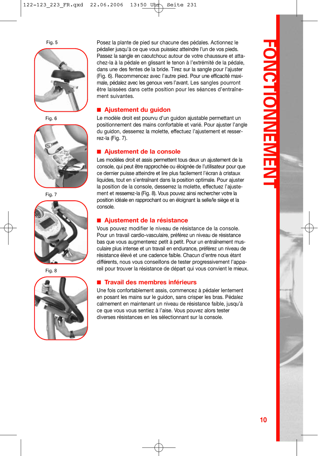 Schwinn 223 Ajustement du guidon, Ajustement de la console, Ajustement de la résistance, Travail des membres inférieurs 