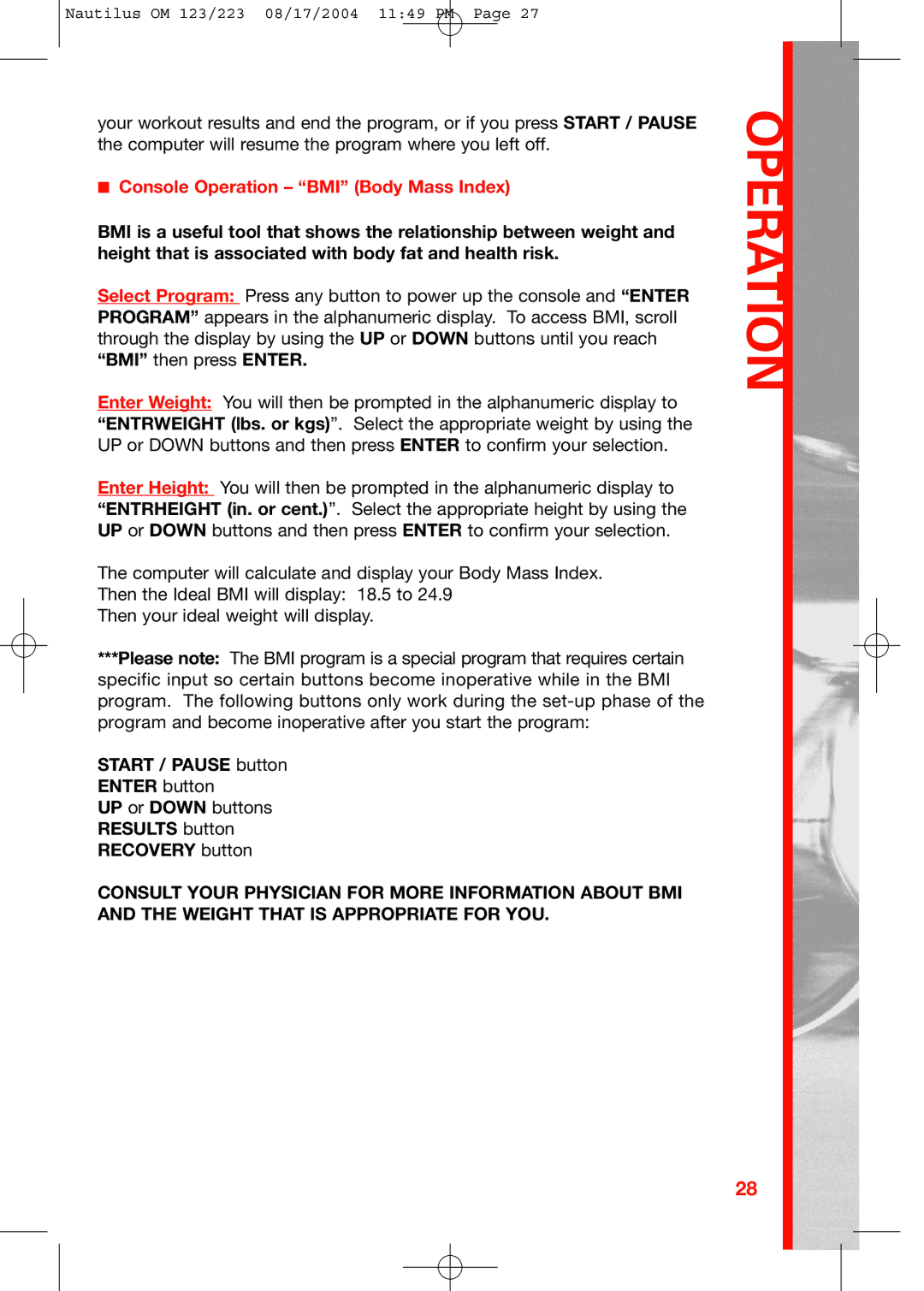 Schwinn 123, 223 manual Console Operation BMI Body Mass Index 