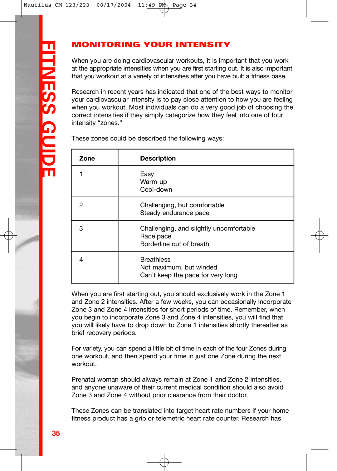 Schwinn 223, 123 manual Zone Description 