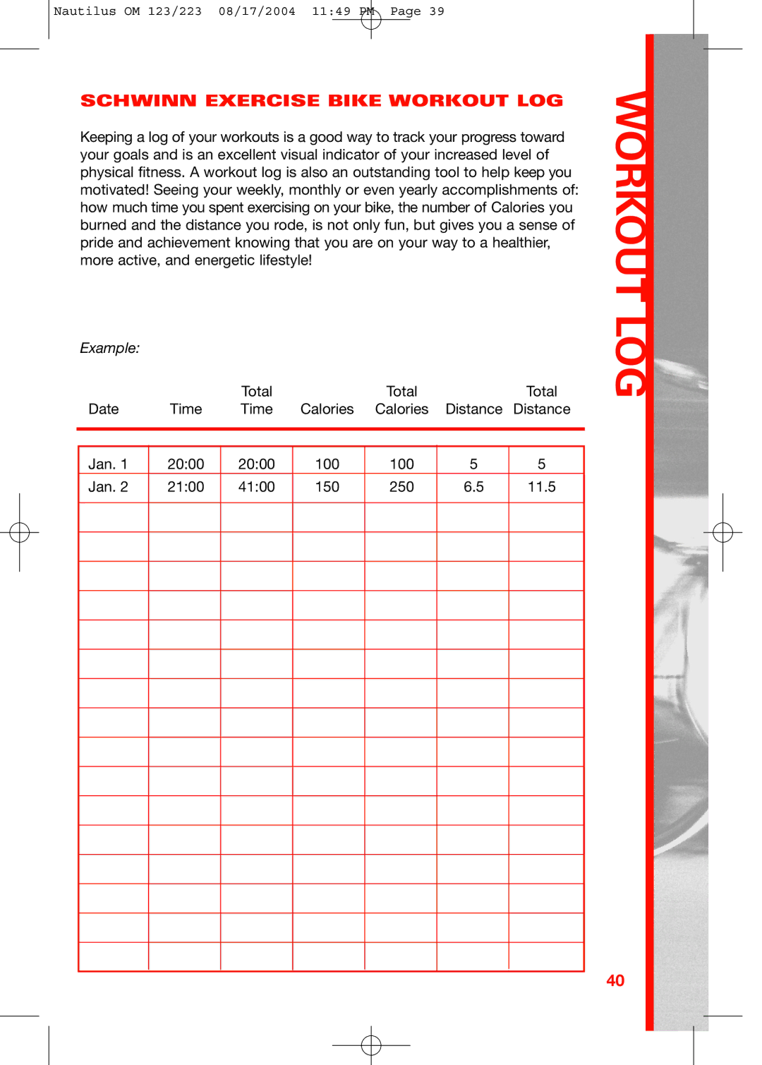 Schwinn 123, 223 manual Schwinn Exercise Bike Workout LOG 