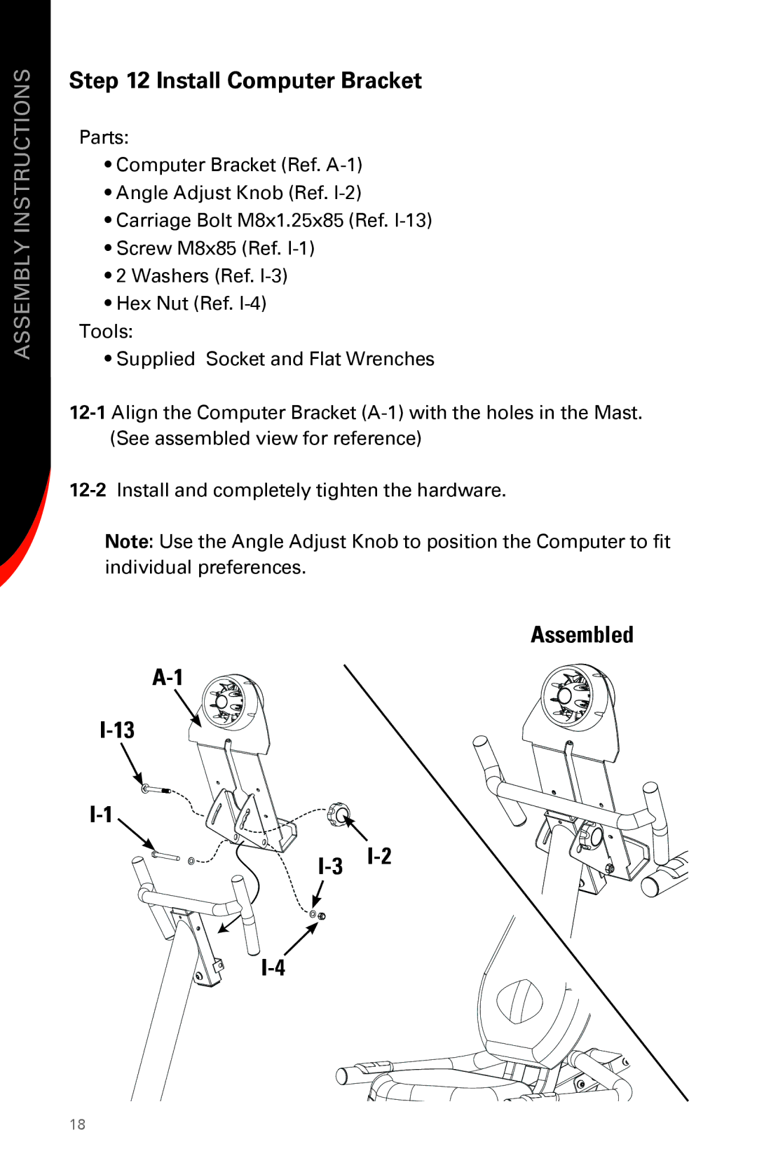 Schwinn 231 manual Install Computer Bracket, Assembled 