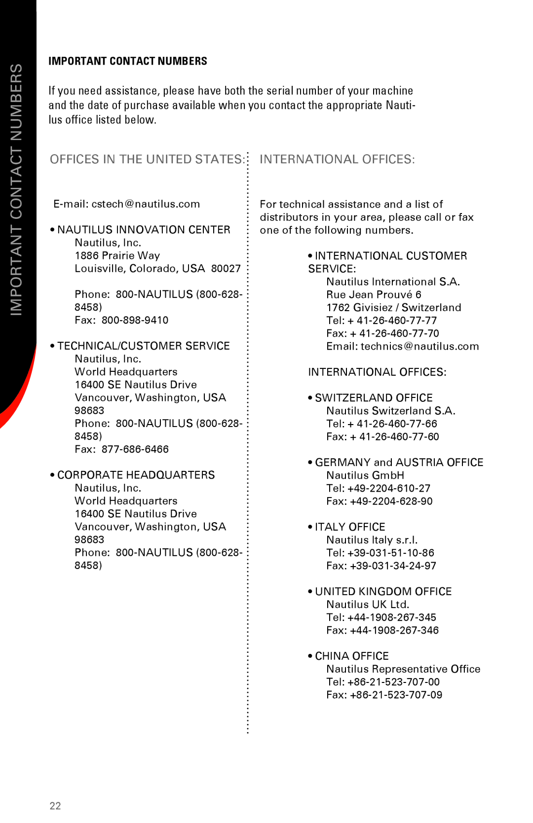 Schwinn 231 manual Important Contact Numbers 