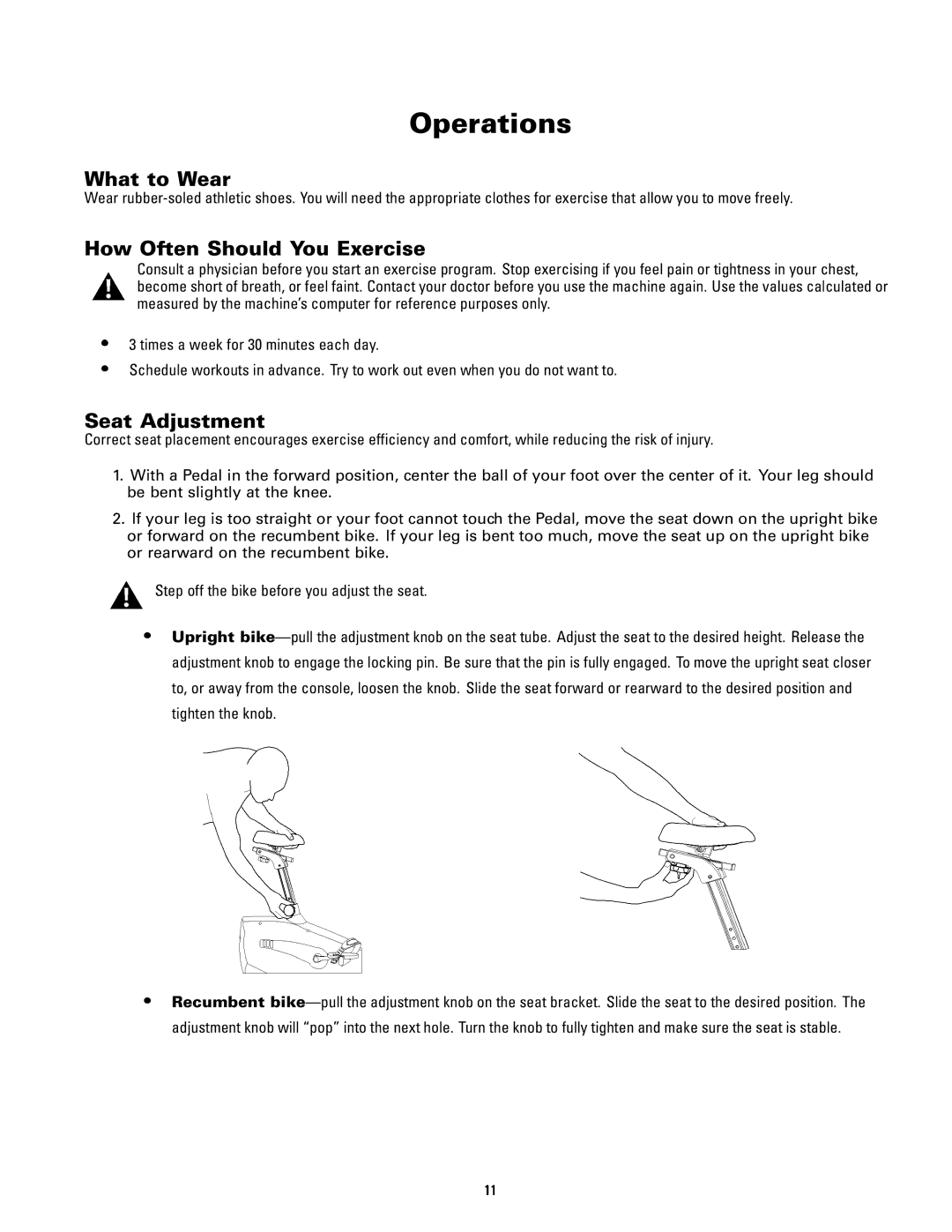 Schwinn 140, 240 manual Operations, What to Wear, How Often Should You Exercise, Seat Adjustment 