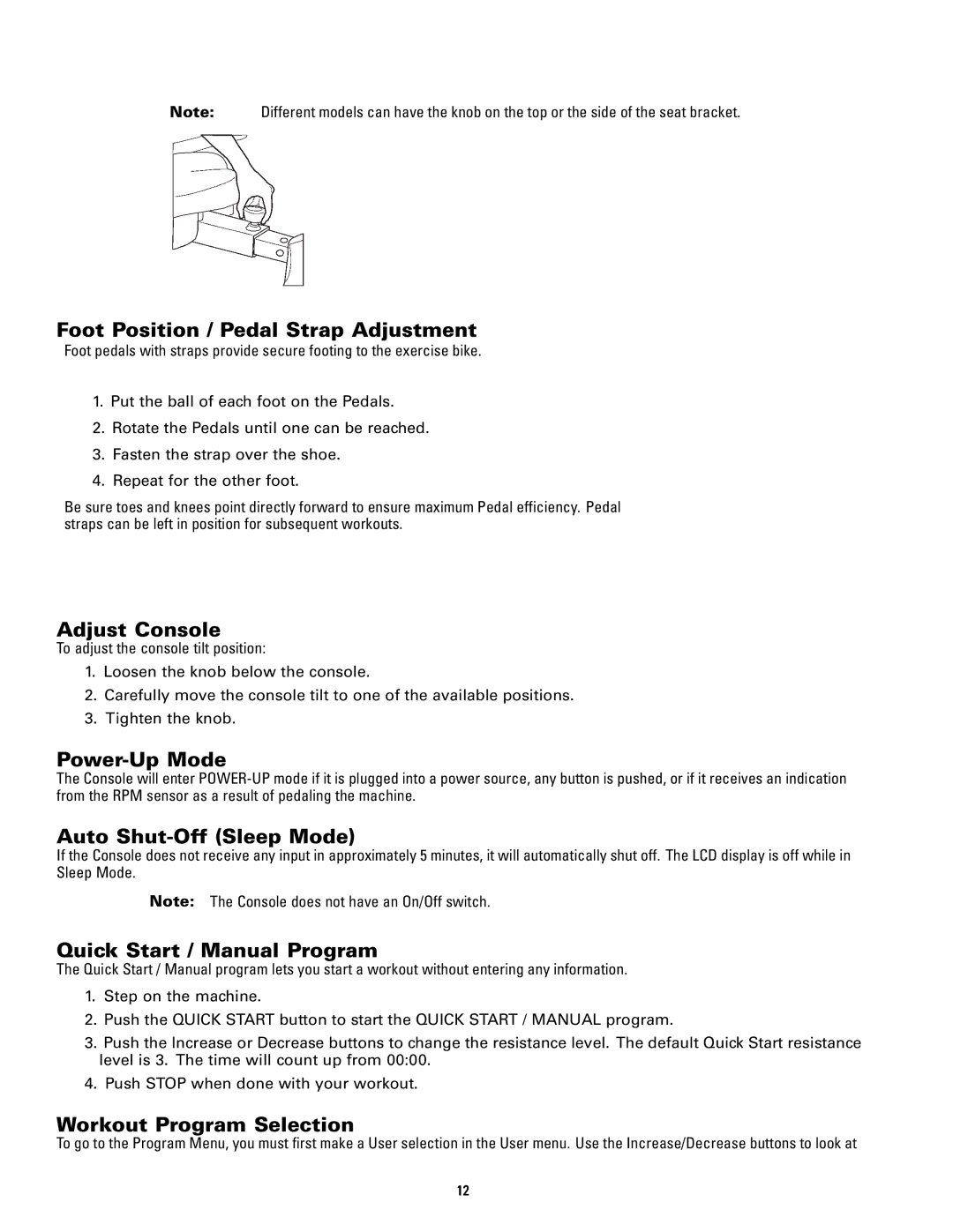 Schwinn 240, 140 manual Foot Position / Pedal Strap Adjustment, Adjust Console, Power-Up Mode, Auto Shut-Off Sleep Mode 