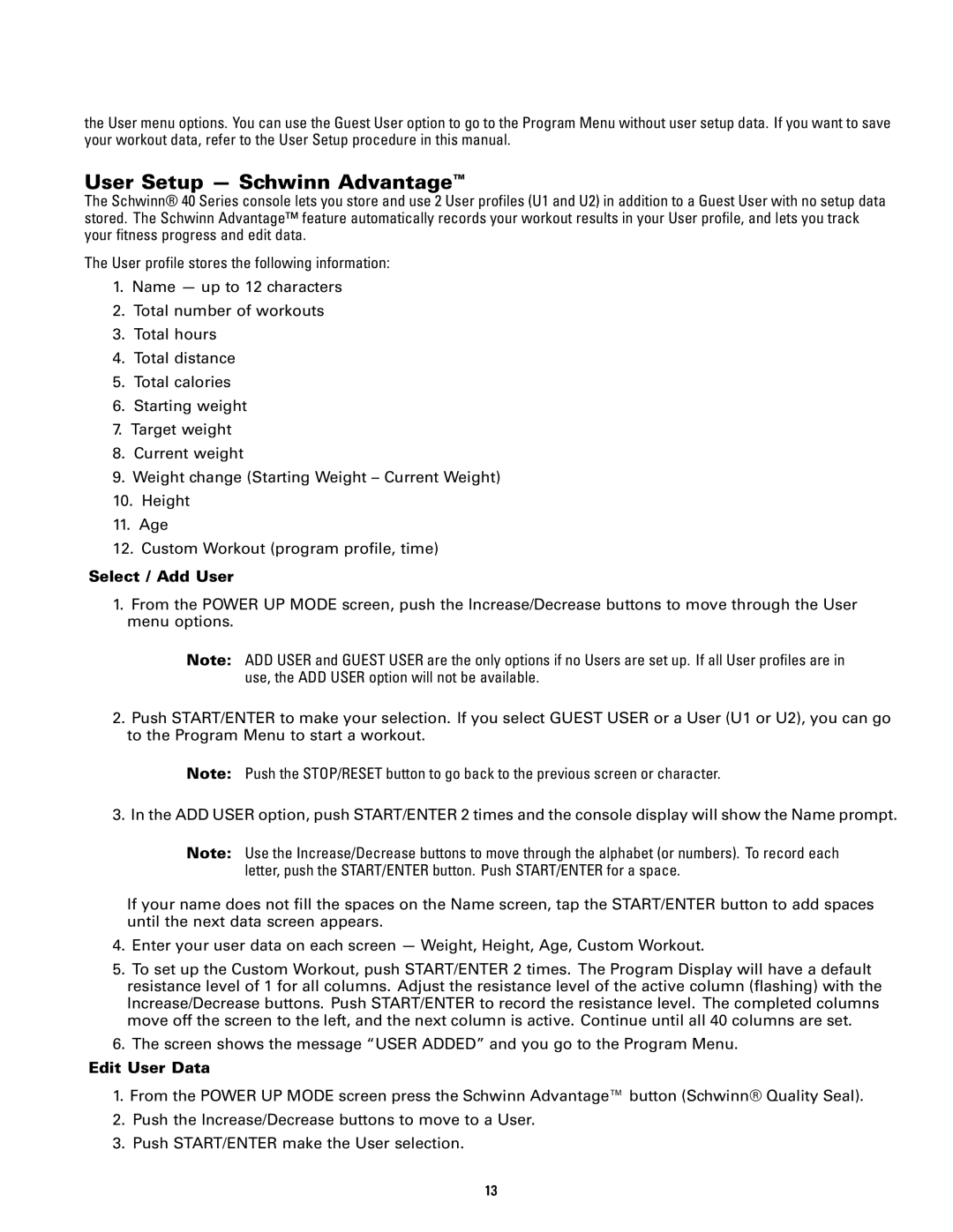 Schwinn 140, 240 manual User Setup Schwinn Advantage, Select / Add User, Edit User Data 
