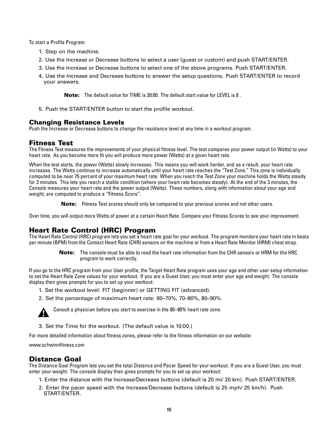 Schwinn 140, 240 manual Fitness Test, Heart Rate Control HRC Program, Distance Goal, Changing Resistance Levels 