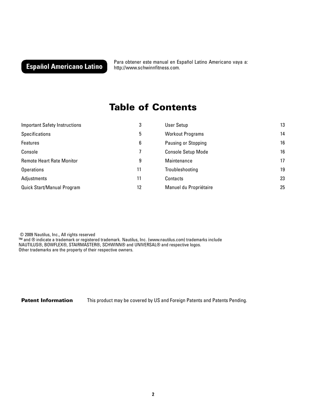 Schwinn 240, 140 manual Table of Contents 