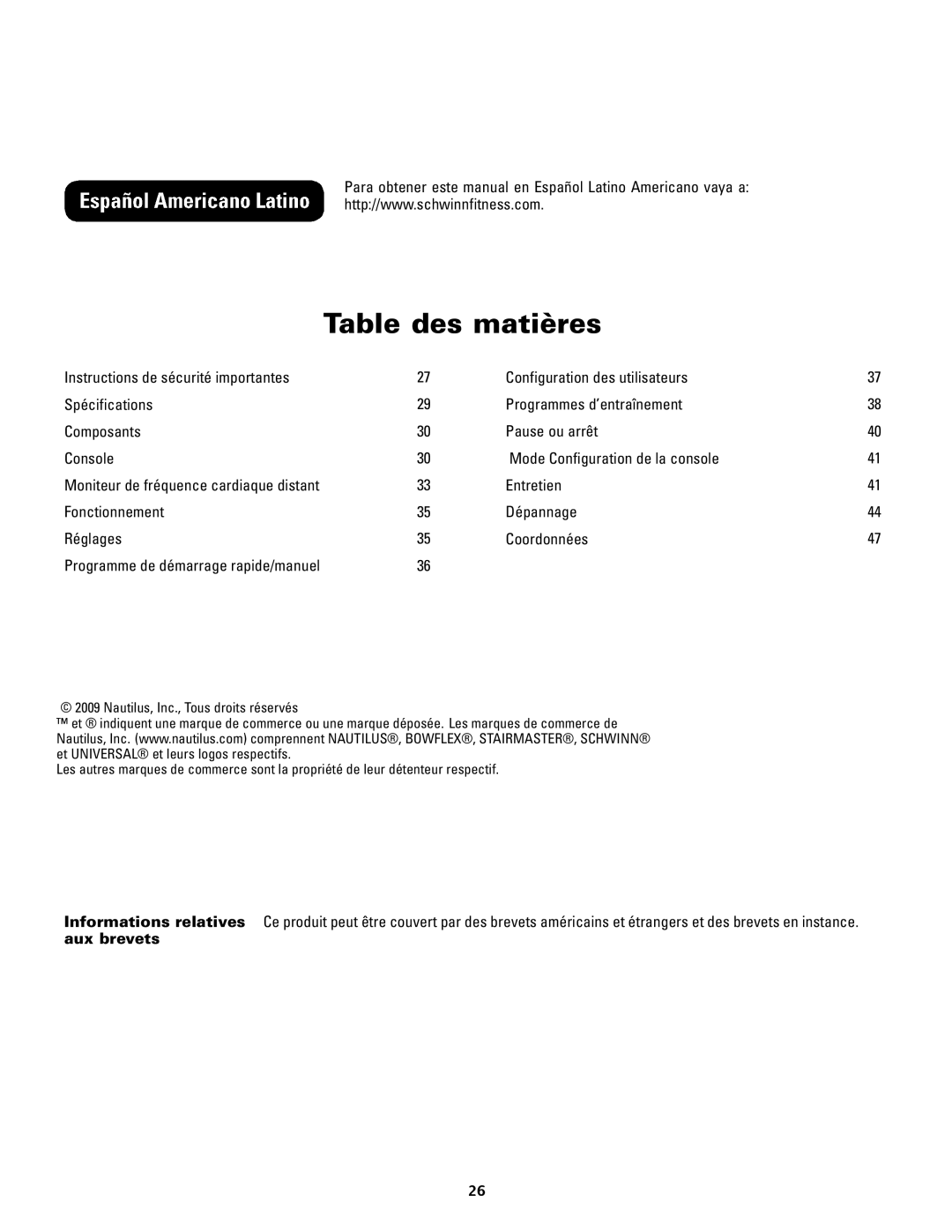 Schwinn 240, 140 manual Table des matières 