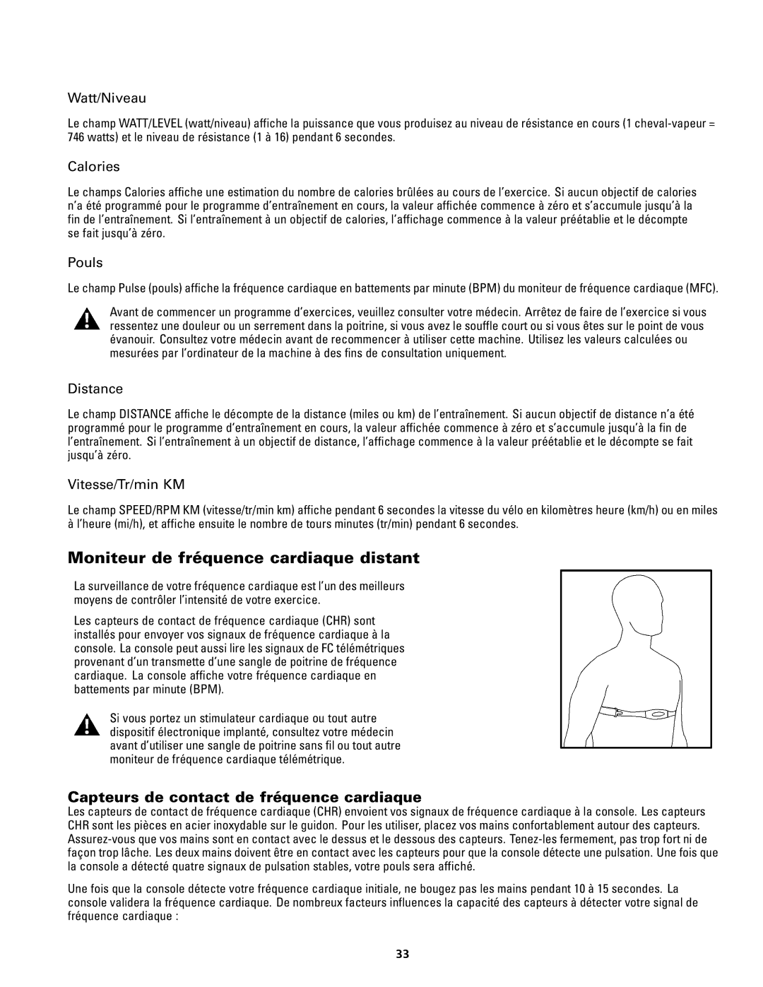 Schwinn 140, 240 manual Moniteur de fréquence cardiaque distant, Capteurs de contact de fréquence cardiaque 