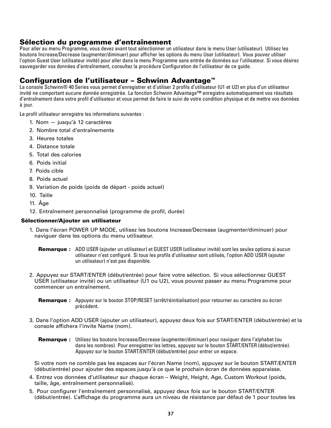 Schwinn 140, 240 manual Sélection du programme d’entraînement, Configuration de l’utilisateur Schwinn Advantage 