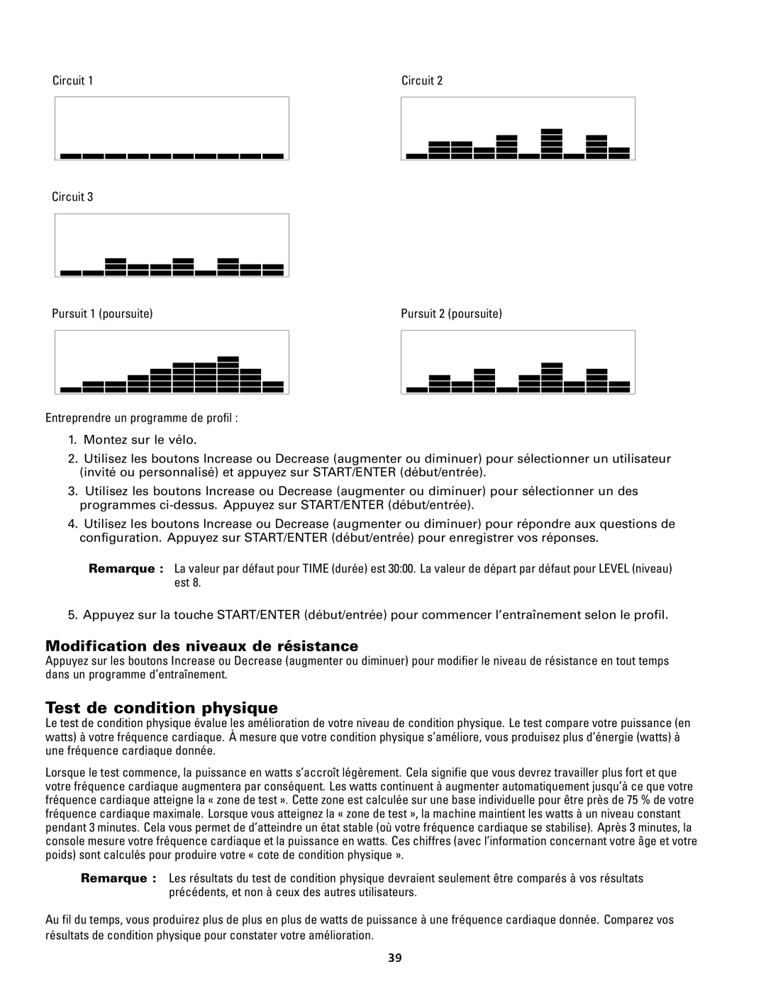 Schwinn 140, 240 manual Test de condition physique, Modification des niveaux de résistance 