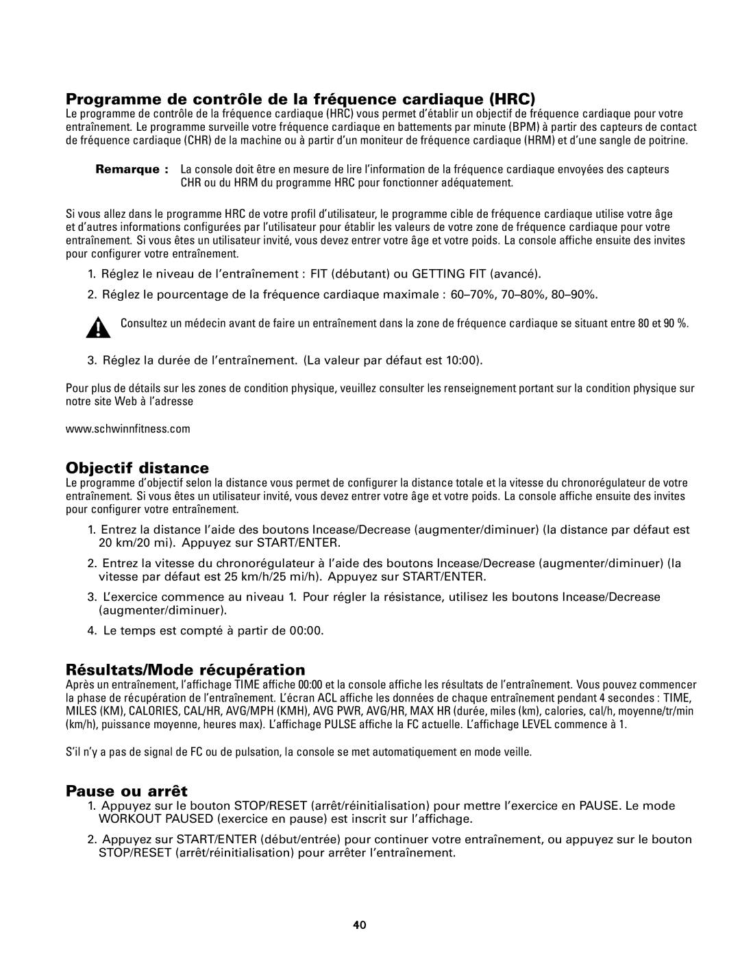 Schwinn 240, 140 manual Programme de contrôle de la fréquence cardiaque HRC, Objectif distance, Résultats/Mode récupération 