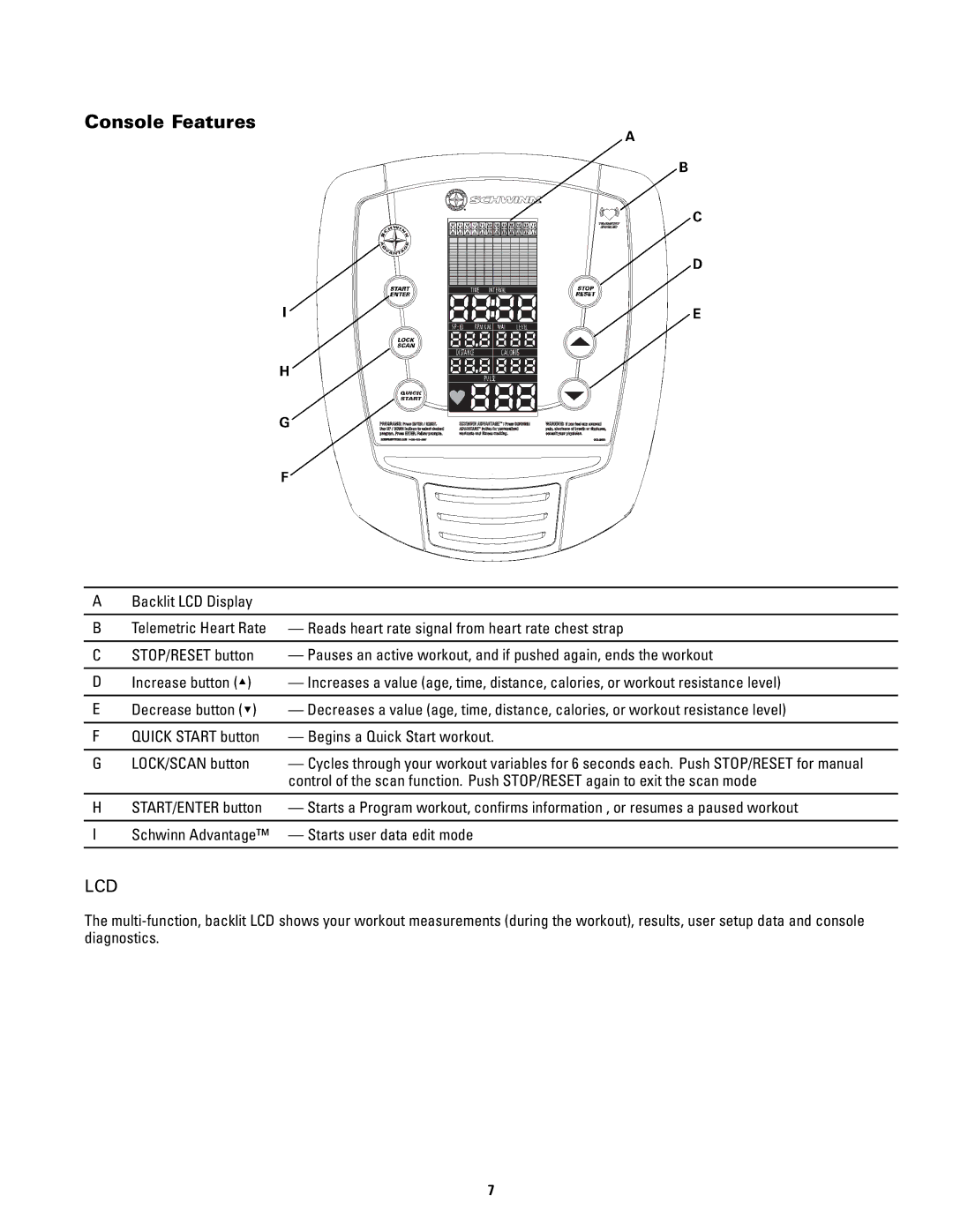 Schwinn 140, 240 manual Console Features, Lcd 