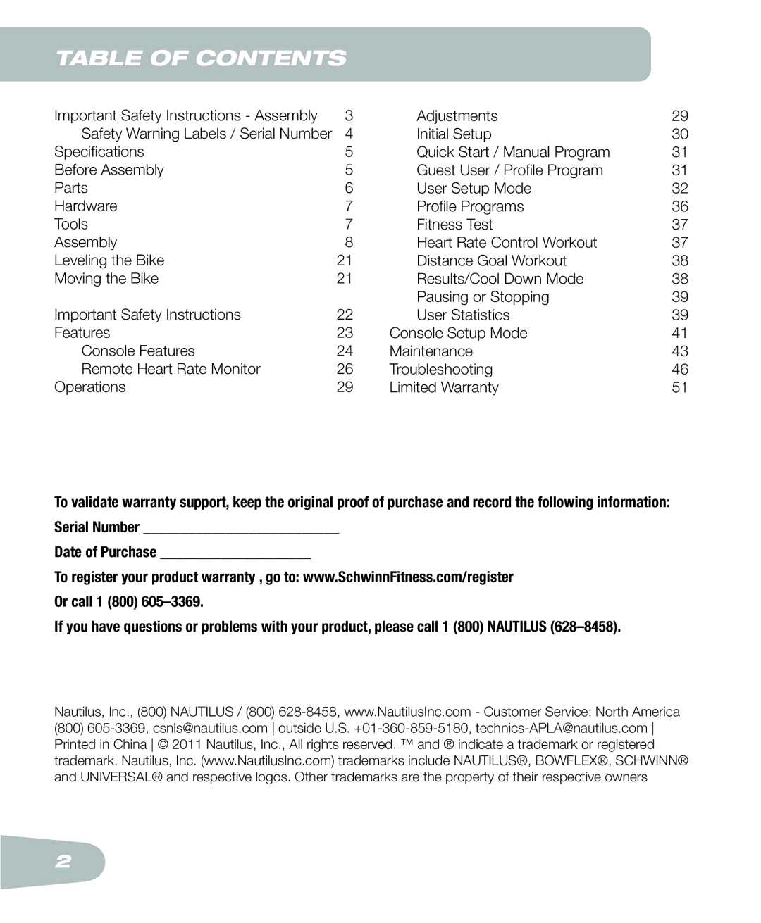 Schwinn 250 schwinn manual Table of Contents 