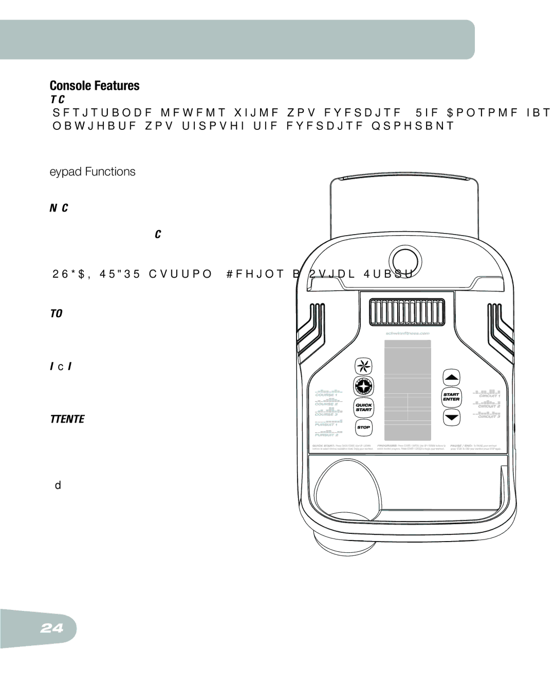Schwinn 250 schwinn manual Console Features, Keypad Functions 