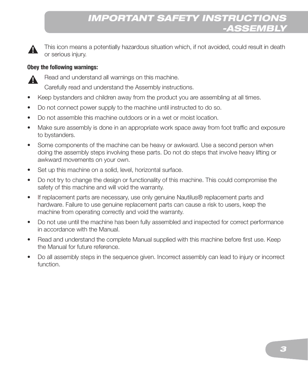 Schwinn 250 schwinn manual Important Safety Instructions -Assembly, Obey the following warnings 