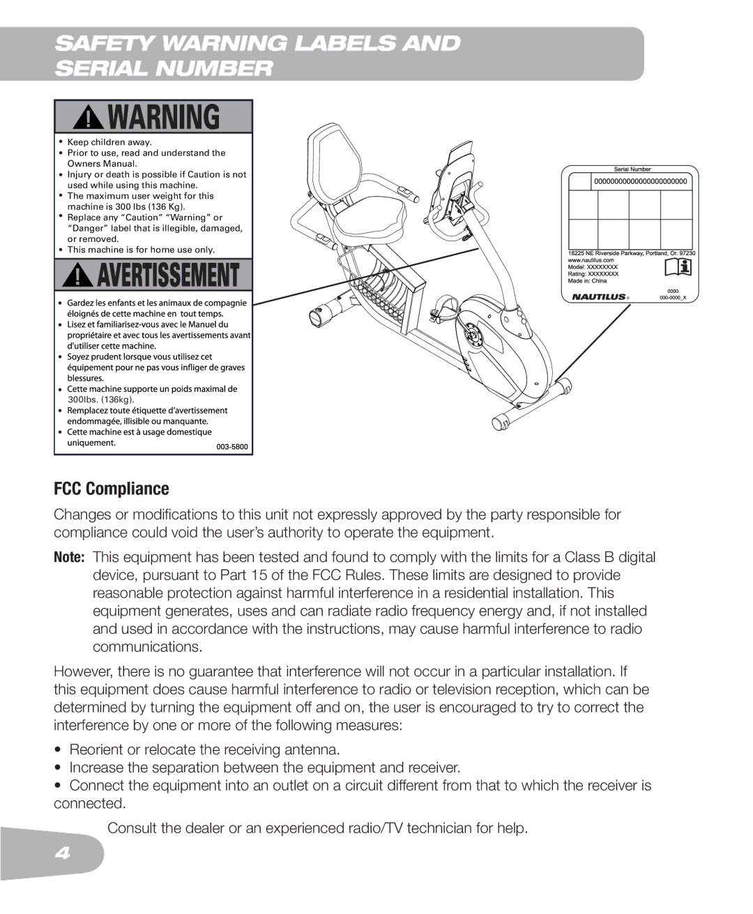 Schwinn 250 schwinn manual Safety Warning Labels Serial Number, FCC Compliance 