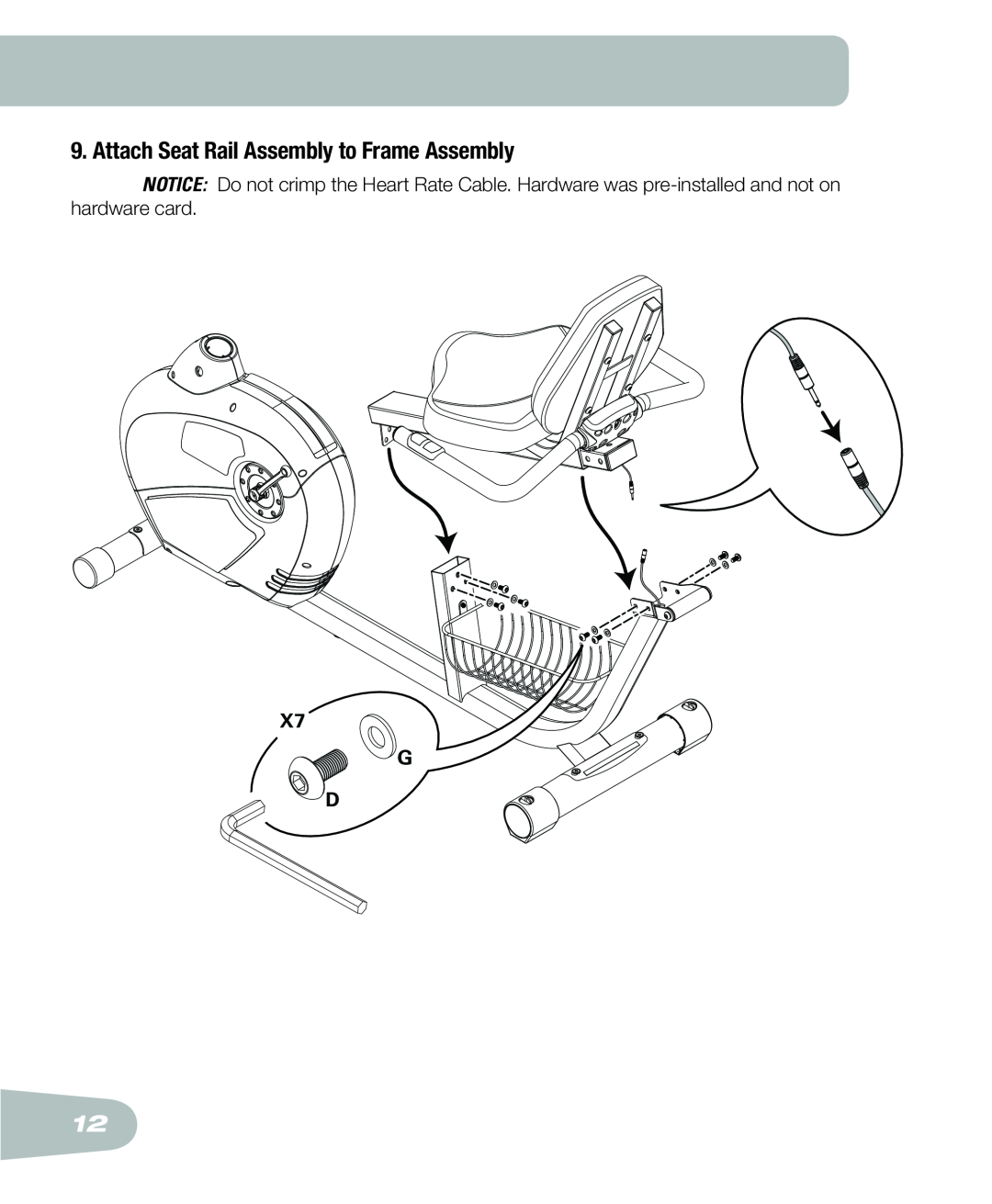 Schwinn 250 schwinn manual Attach Seat Rail Assembly to Frame Assembly, X7 G D 
