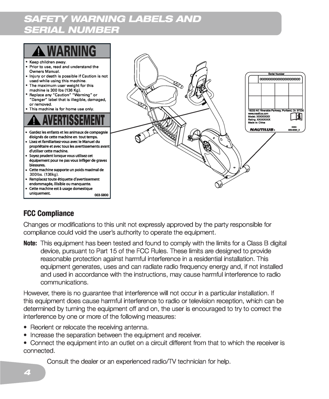 Schwinn 250 schwinn manual Safety Warning Labels and Serial Number, FCC Compliance 