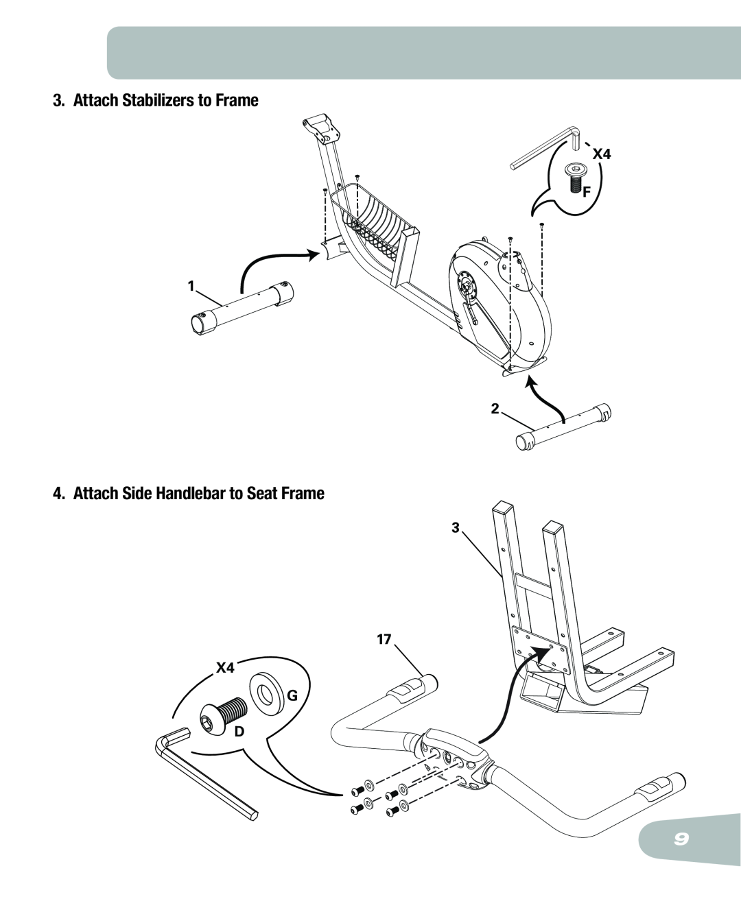 Schwinn 250 schwinn manual Attach Stabilizers to Frame, Attach Side Handlebar to Seat Frame, X4 F, X4 G D 