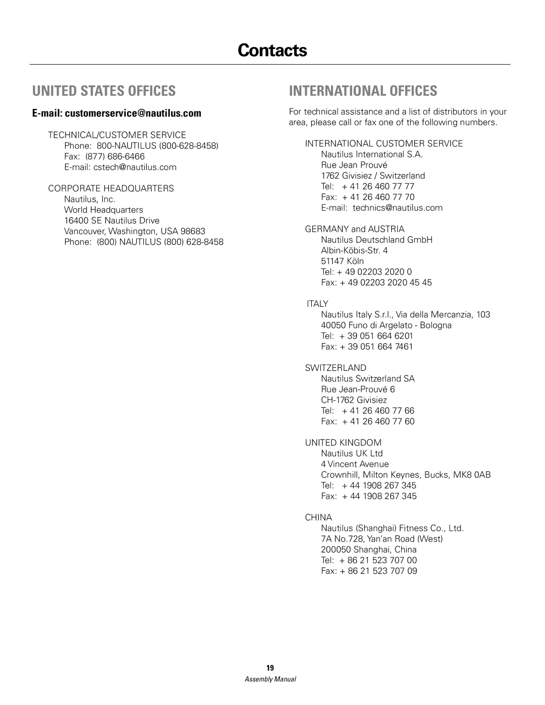 Schwinn 420 manual Contacts, United States Offices 