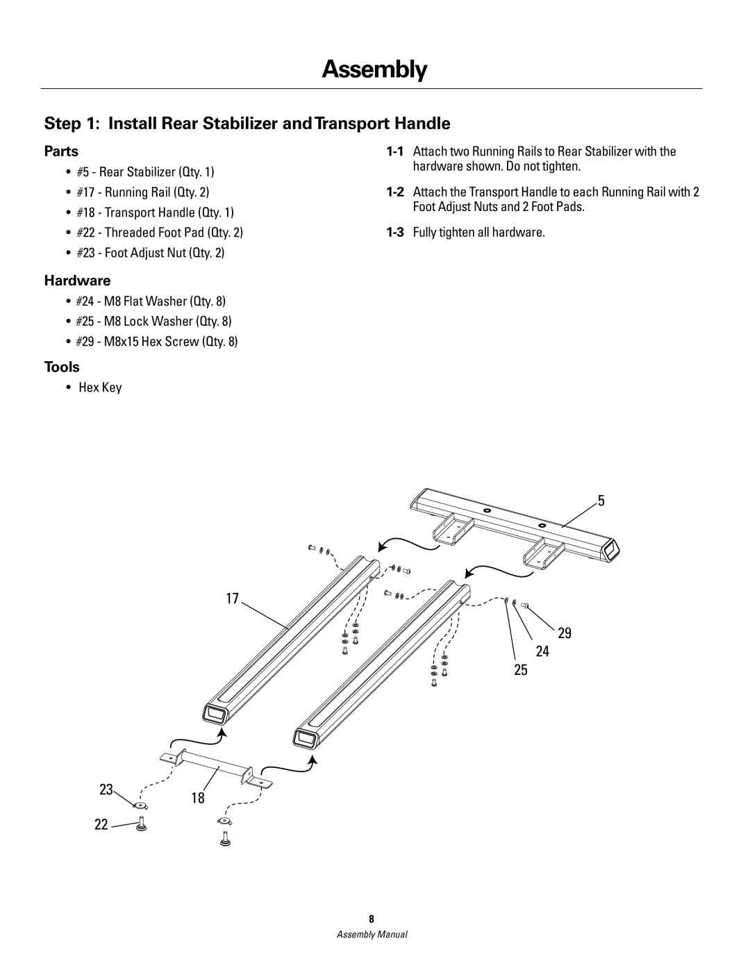 Schwinn 420 manual Assembly, Install Rear Stabilizer andTransport Handle 